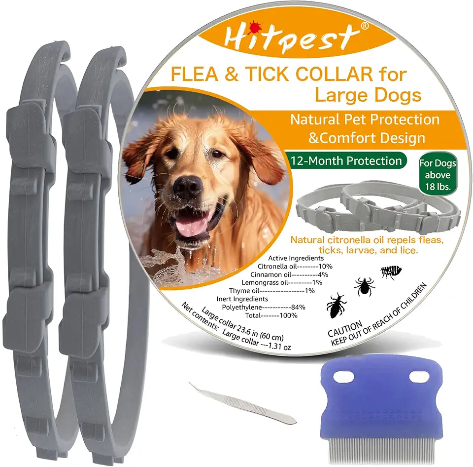 Flea and Tick Collar for Large Dog, 12-Month Full-Body Protection, Natural Ingredients, Free Flea Comb and Tweezers Included, 2 Packs