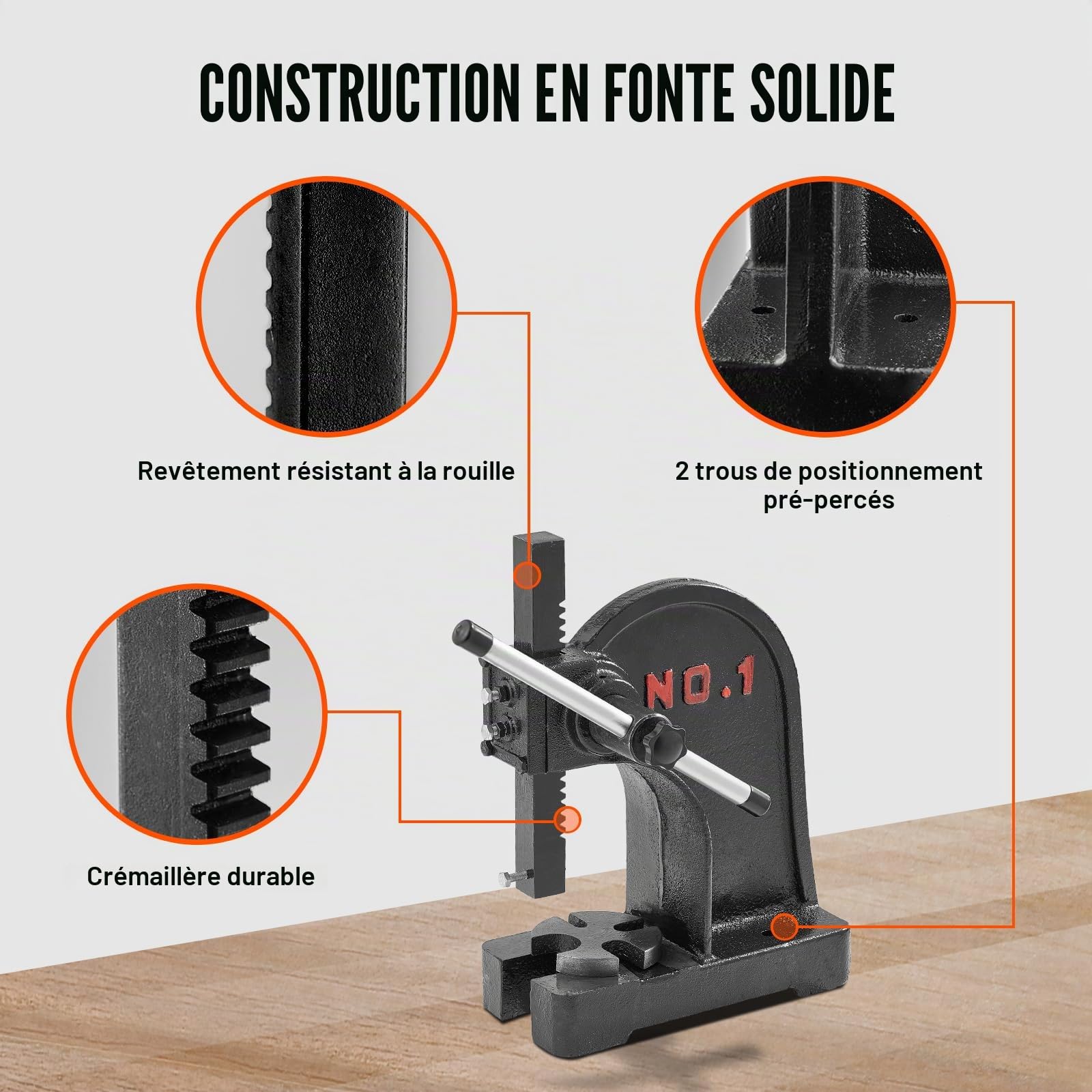 VEVOR Presse à Crémaillère, Presse à Arbre Manuelle de 1 Tonne, Hauteur Maximale de 150 mm, Presse Manuelle de Précision Robuste en Fonte, pour l'Estampage, Le Pliage, l'Étirement et Le Formage
