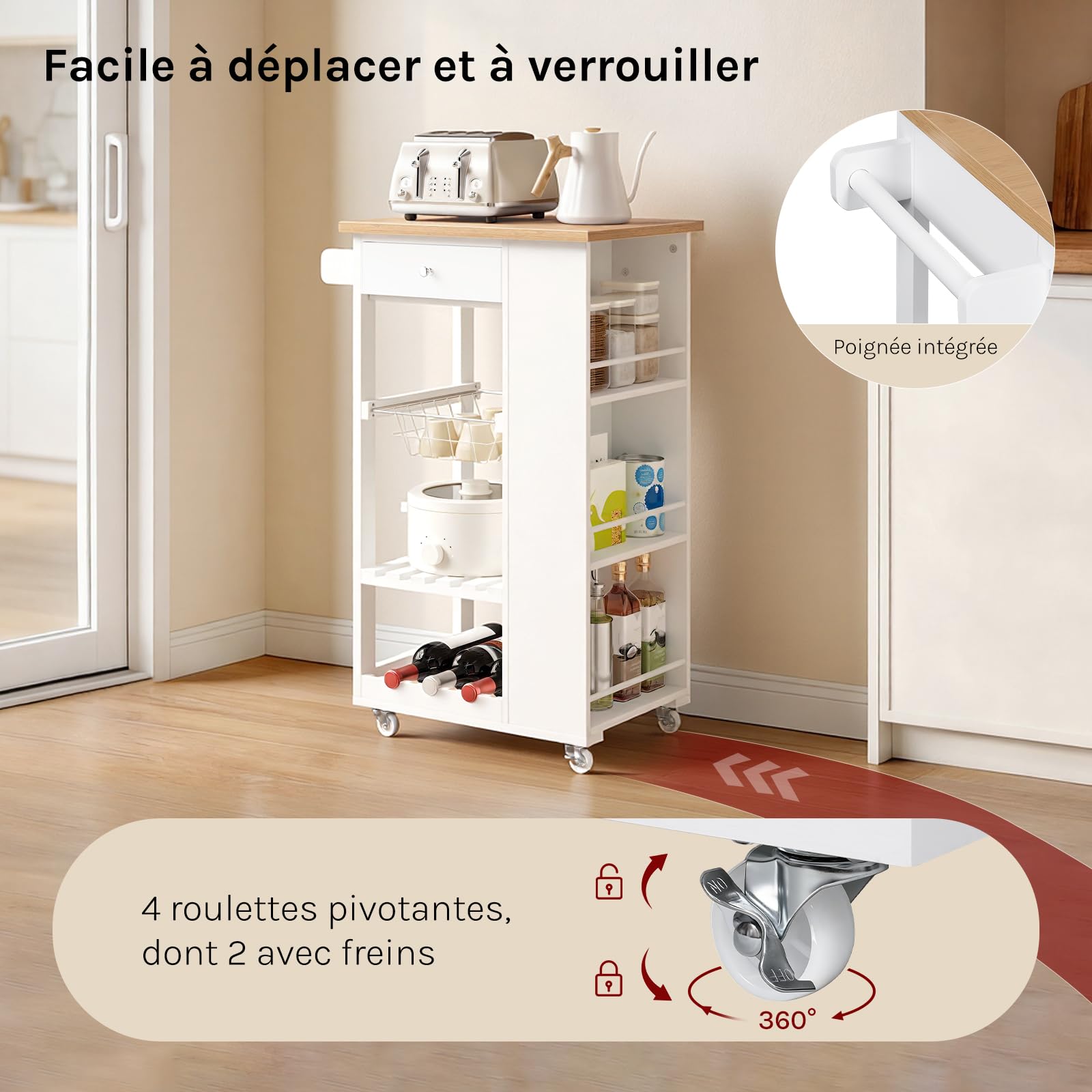 WOLTU Desserte à roulettes, Meuble Cuisine avec Plan de Travail, 1 Tiroir, 1 Panier en Grille, 1 Casier à Bouteilles et 3 Étagères Latérales, pour Cuisine, Salle à Manger, Salon, Bambou + Blanc