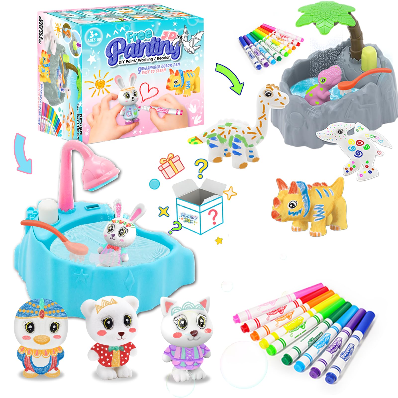Trubic Washable Kids Painting Crafts Playset, Pretend Play Bathtub Toys, Includes 1 Press-to-Spray Toy Bathtub, 4 Figurines, 9 Washable Markers, Gift
