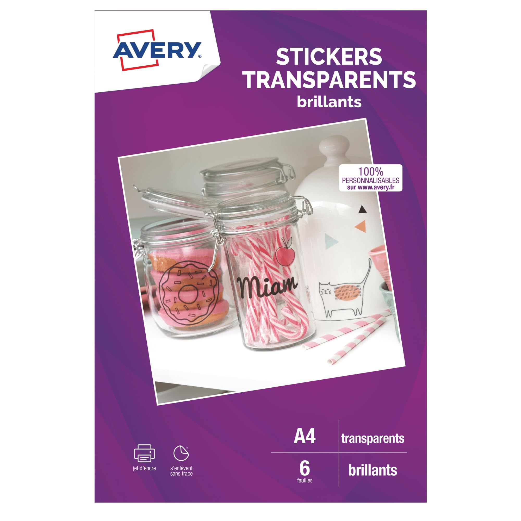 AVERY - 6 Feuilles Stickers Transparentes A4 pour impression jet d'encre, compatibles machines de découpe, idéales pour créations personnalisées, étiquettes, scrapbooking et DIY