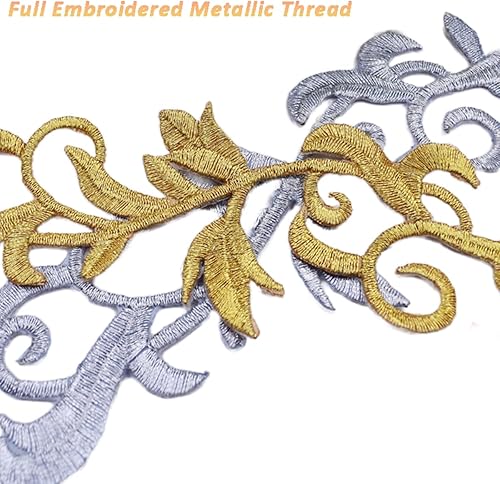 Miniatura 3 de 6 piezas de hojas metálicas bordadas para planchar con estampado de flores y vides, apliques de encaje, diseño largo de desplazamiento para vestido,