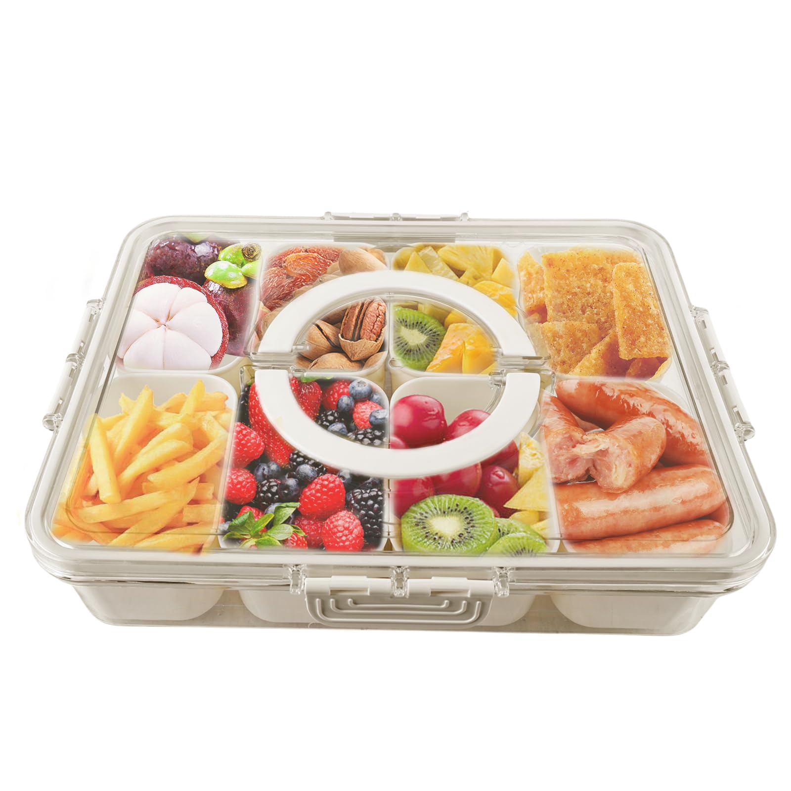 SporgoSnack Box with Compartments, Snack Plate with Lid, Plastic Snack Bowl Set, Leak-Proof, Large Snack Tray Organiser for Sweets, Candy, Veggie, Biscuit, Nuts, Desserts, Fruit