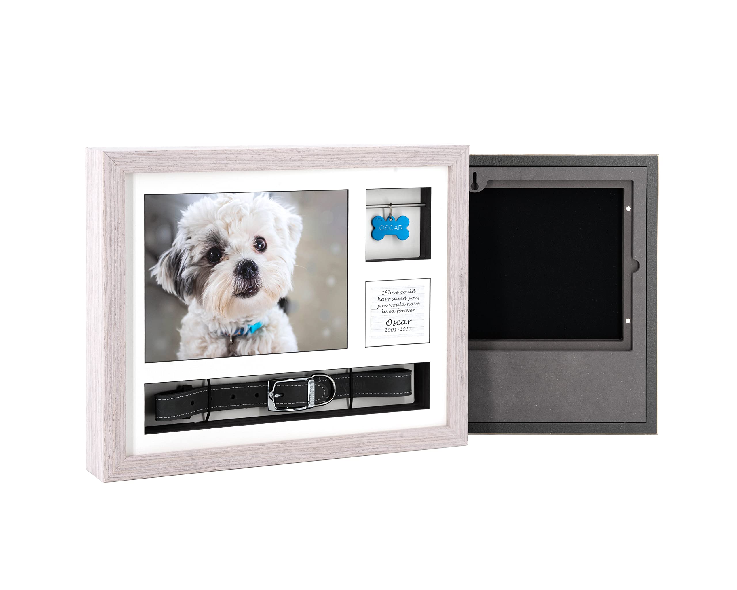 Solid Wood Pet Ashes Photo Frame Urn 14x11 – Displays Photos, Collar and Tag (Light Grey, With Standard Glass)