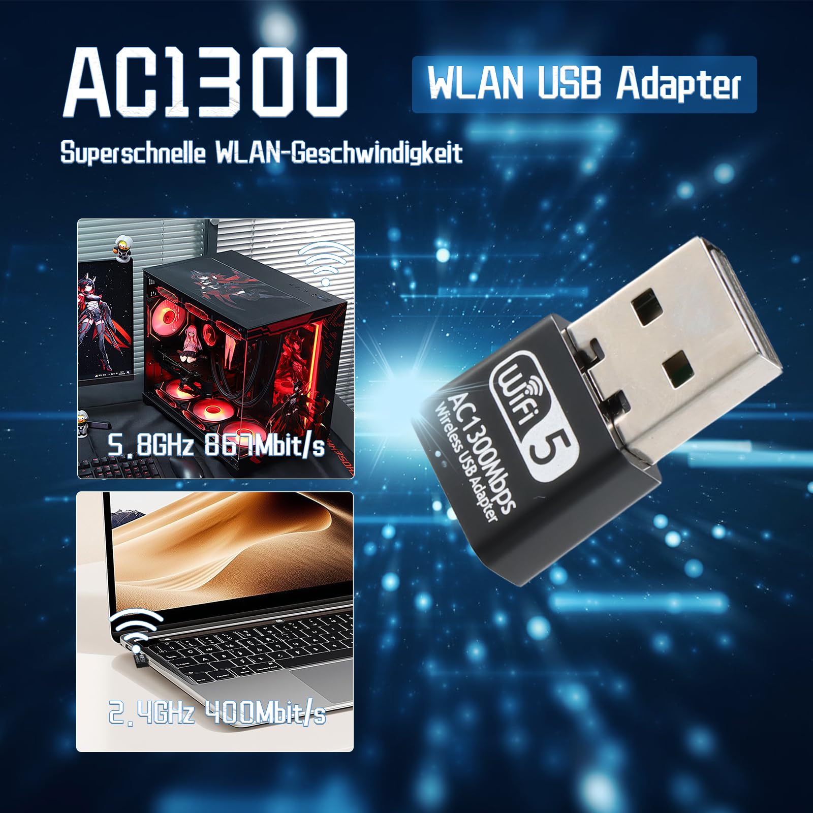 Chiavetta WiFi USB 1300Mbps - Dual Band 2.4GHz/5.8GHz, 2 Antenne, Per PC Fisso E Laptop