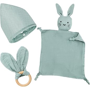 Baby Gift Boy Girl Newborn Gift Set Baby Gifts 3 Pieces Gifts for Birth with Cuddly Cloth Rabbit and Teether Wooden and Bib Baby for Newborn Baby Shower Things Mint