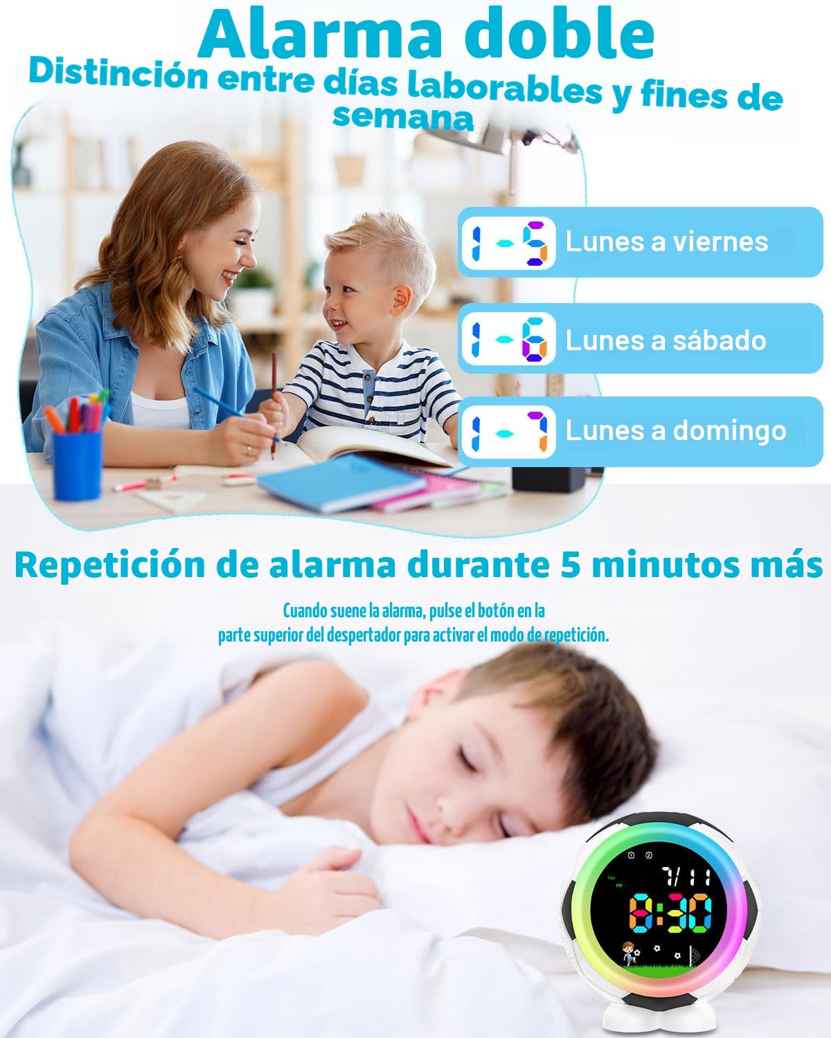 Fútbol Reloj Despertador Niño,Reloj Despertador Digital Infantil con Función Snooze, Luz Nocturna, 6 Tonos, Alarmas Dobles, Sistema 12/24 Horas