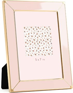 Marsmiles 5x7 Enamel Picture Frames with Ridge Designed Gold Metal Edge, Tempered Glass Photo Frame with Velvet Back for Tabletop and Wall Mount Display Vertically or Horizontally, Home Office, Pink