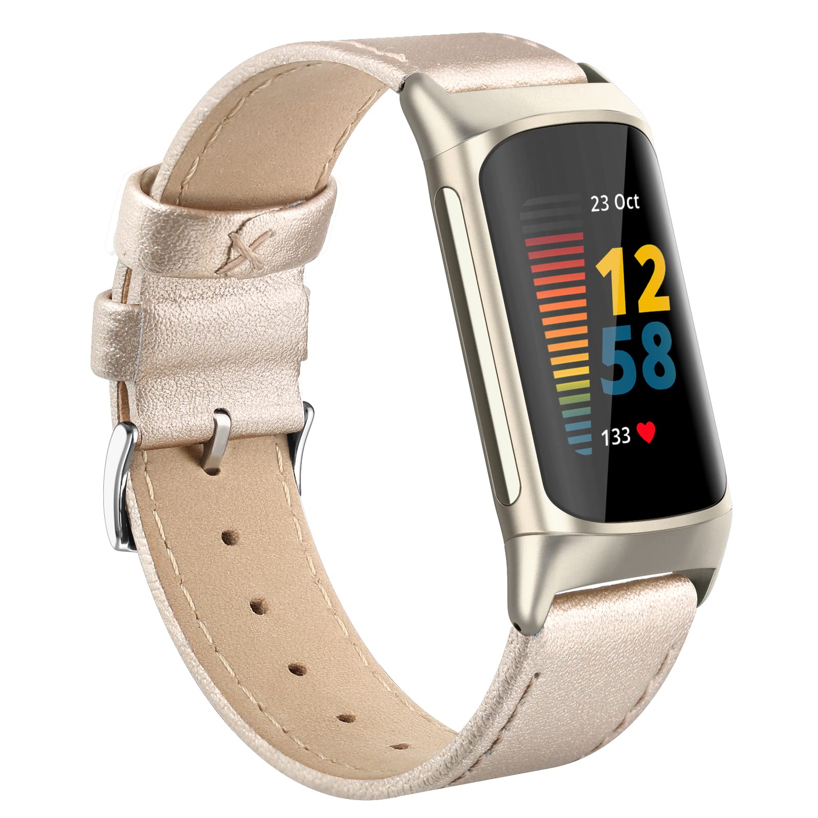 Tuocal Genuine Leather Strap Compatible with Fitbit Charge 5 Strap for Women Men Soft Breathable Genuine Leather Replacement Sport Wristband for Fitbit Charge 5 Activity Tracker