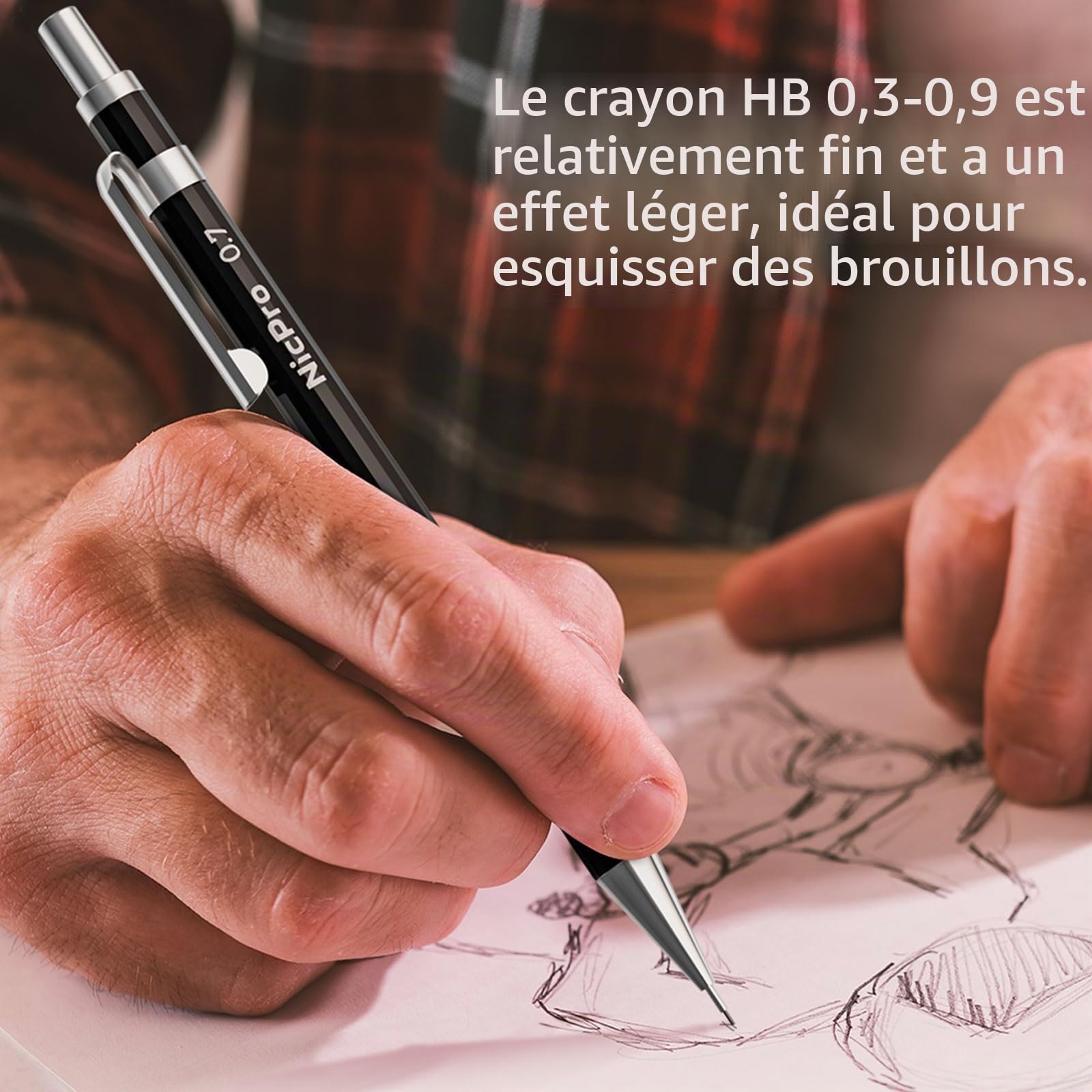 Nicpro 6 pièces crayons mécaniques avec étui en cuir, porte mines de 0,3 mm, 0,5 mm, 0,7 mm, 0,9 mm et 2 mm pour croquis et écriture, criterium avec 18 tubes de recharges (couleurs 6B 4B 2B HB 2H 4H)