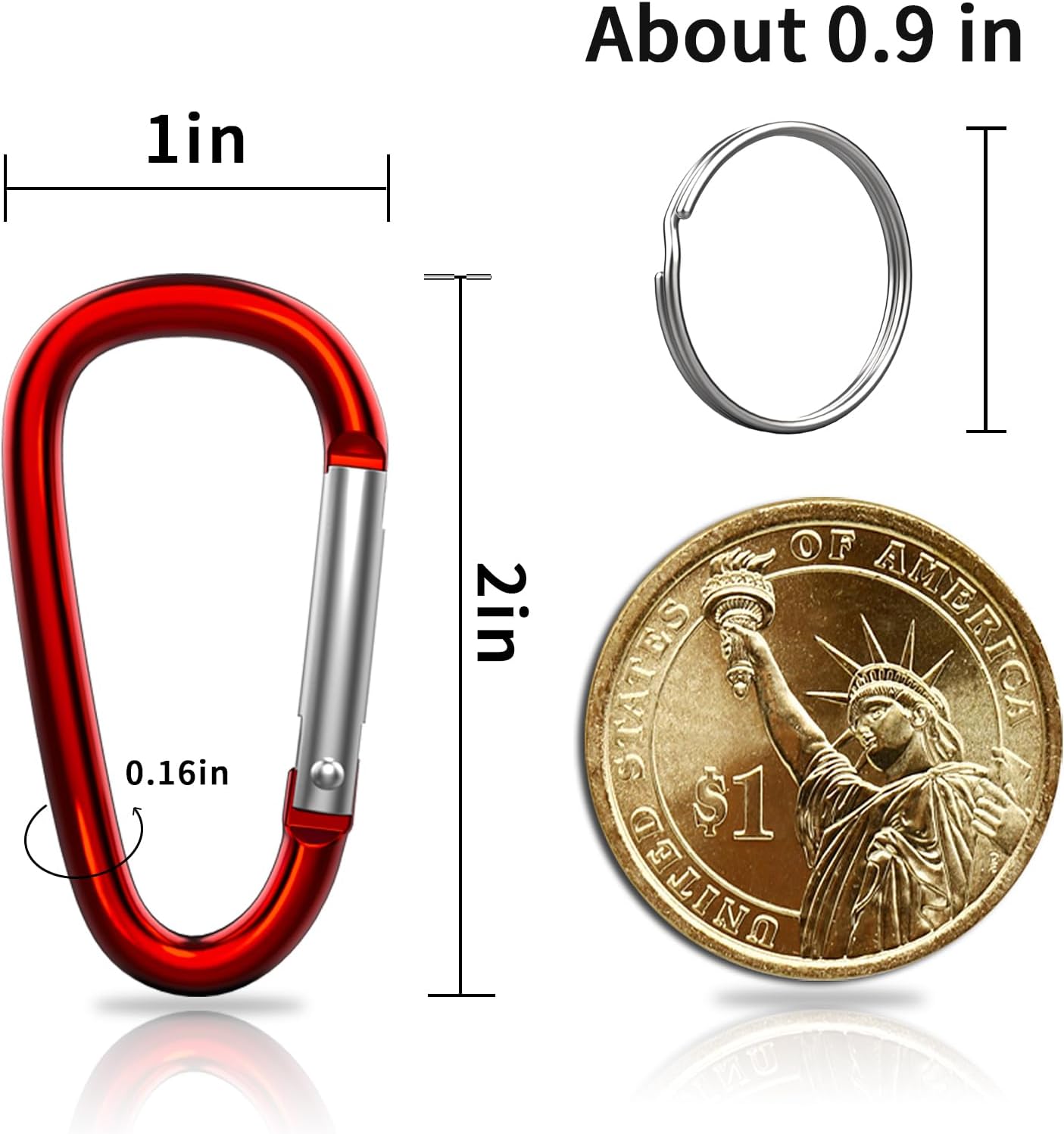 30PCS Aluminum Carabiner Clips, 2" D Shape Spring Snap Hooks Carabiner with 30PCS Keyring Keychain Hook - Image 2