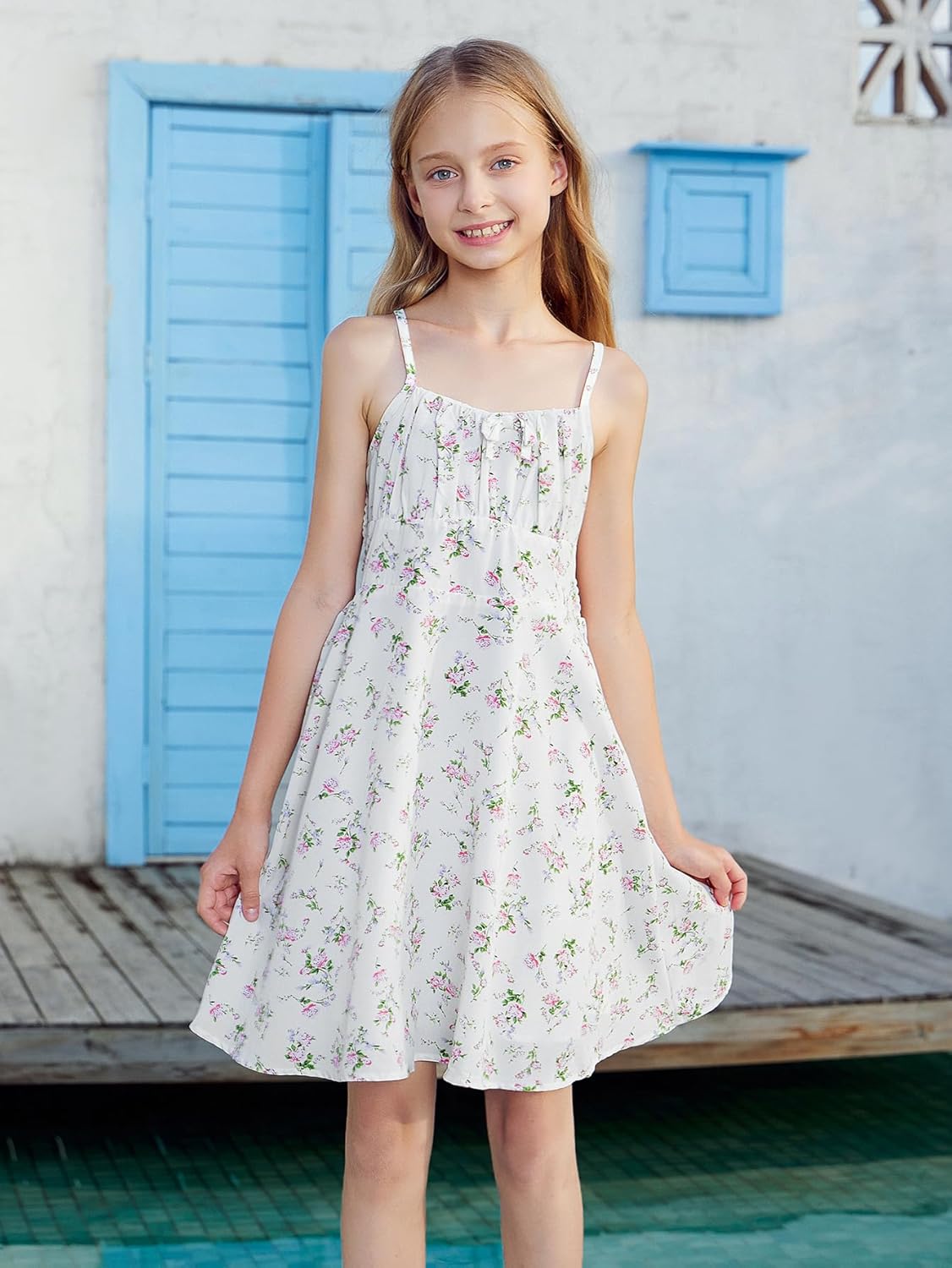 Girl's Floral Print Summer Dress Bowknot Ruched Bust A Line Cami Dress High Waist Ruffle Hem Cute Sun Dresses - Image 6