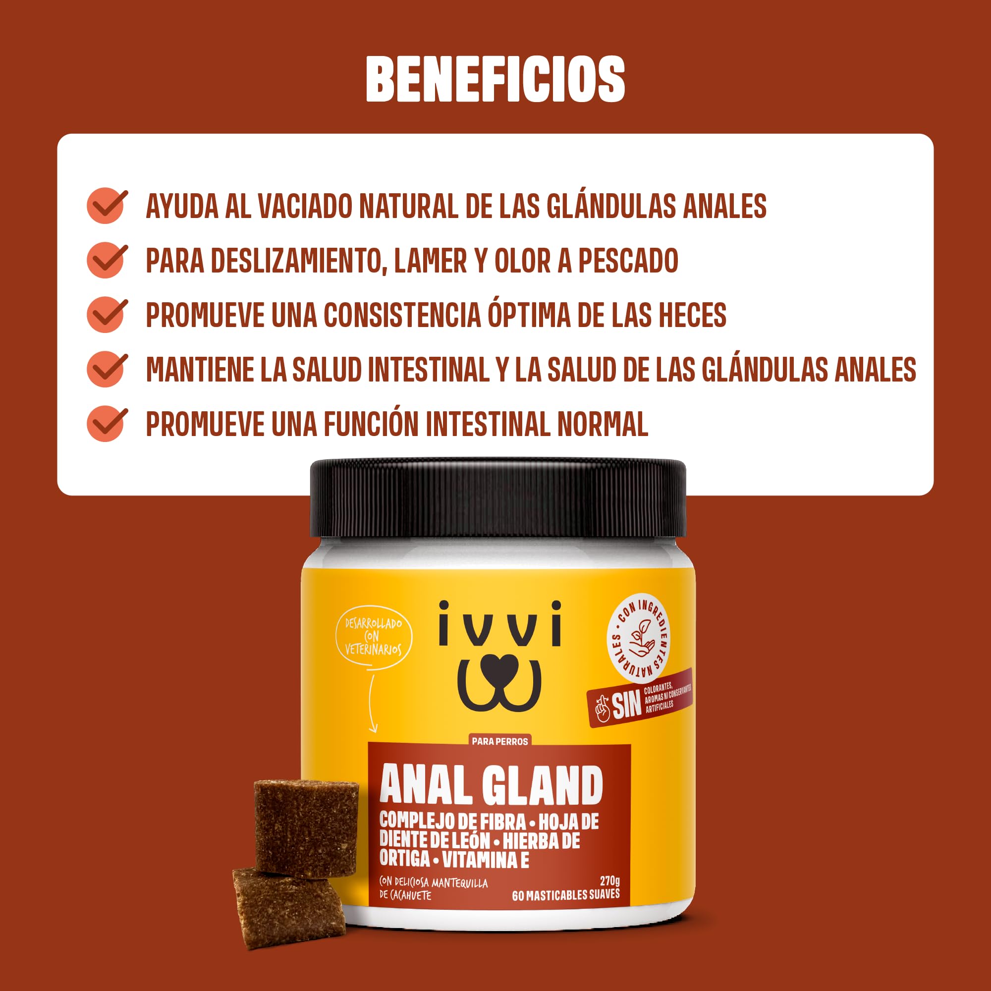 ivvi Anal Gland Snacks para Mejorar la Salud de Las glándulas Anales en Perros - Contiene Calabaza, Psyllium, Lino, Diente de León, Ortiga y Prebióticos. 60 Snacks (270g) con Mantequilla de Cacahuete