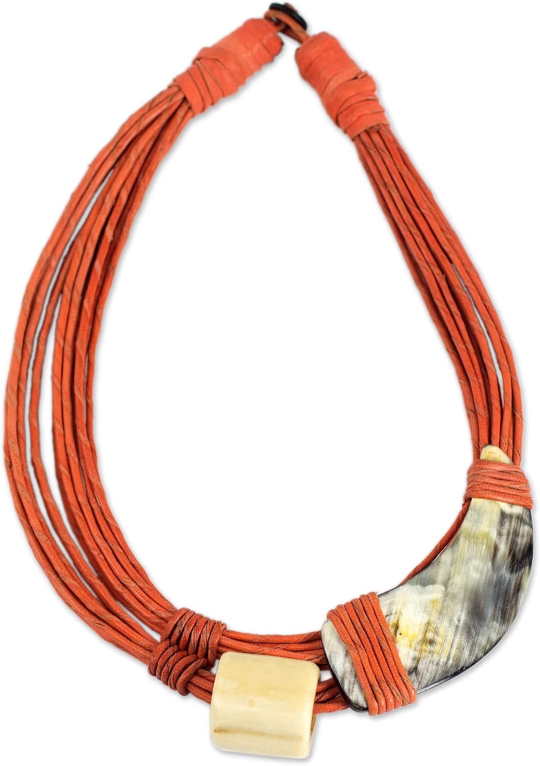 NOVICA Artisan Handmade Leather Horn Pendant Necklace Bone Pendants Recycled Beads Orange Ghana Cultural [necklace 19.25 in L x 0.6 in W Pendant(s) 6 in L x 1.4 in W] ' Sougri Orange'