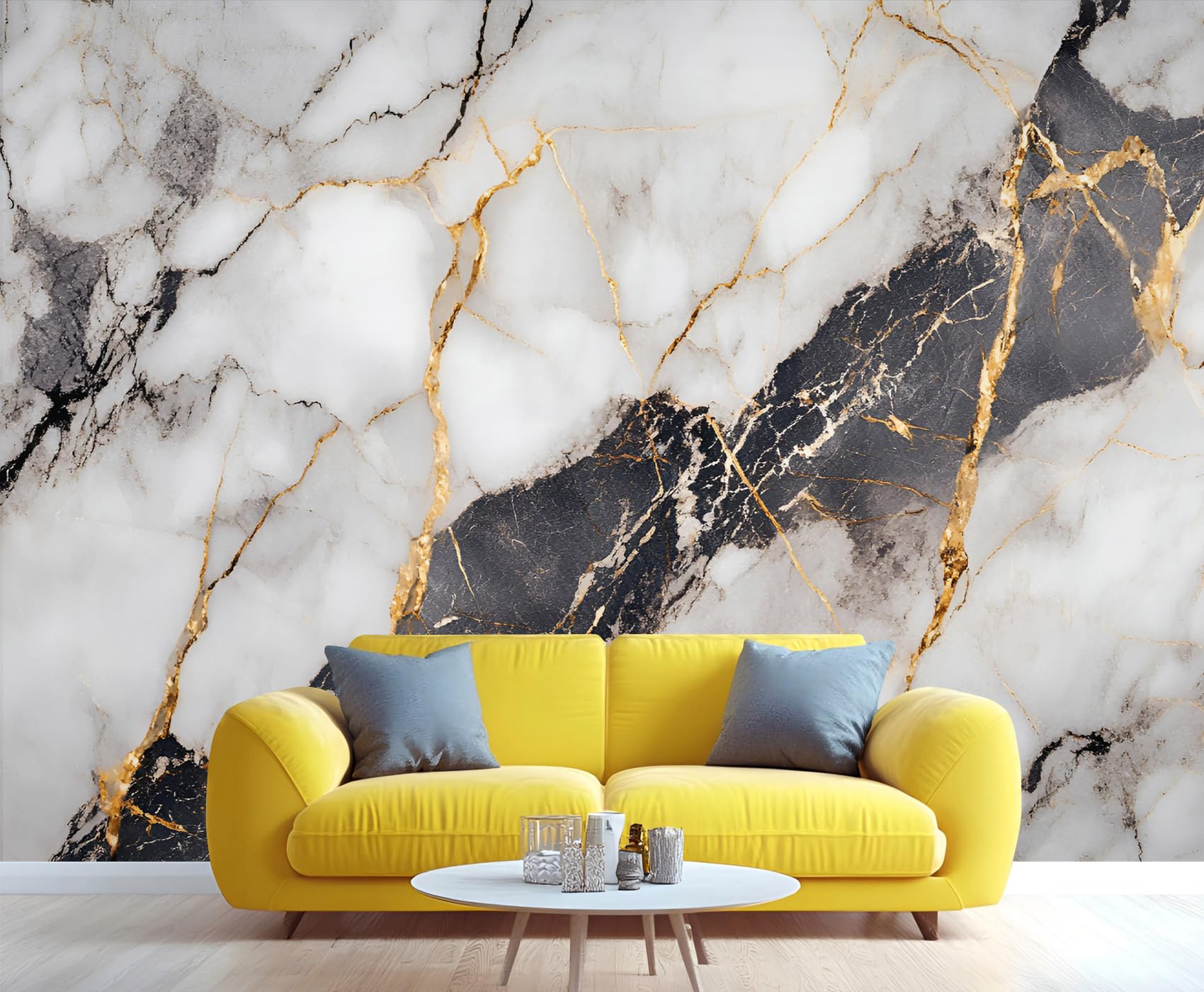 Black White Gold Marble Wall Mural 450x315cm Modern Abstract Mural Atmospheric Wallpaper for Living Room Bedroom Marble Wall Decor (Not Peel n' Stick)