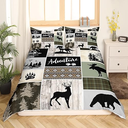 Miniatura 2 de Juego de funda de edredón para niños de aventura de camping, tamaño matrimonial, juego de ropa de cama de caza de ciervos, osos, lobo, animales y