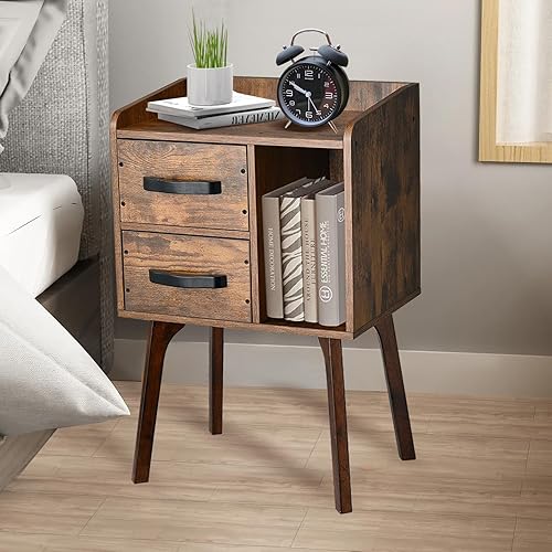 Miniatura 7 de Youmechi Nightstand, Mid-Century Modern Night Table with Solid Wood Legs and 2 Wooden Storage Drawers, Industrial Bedside Table, Rustic Brown Night