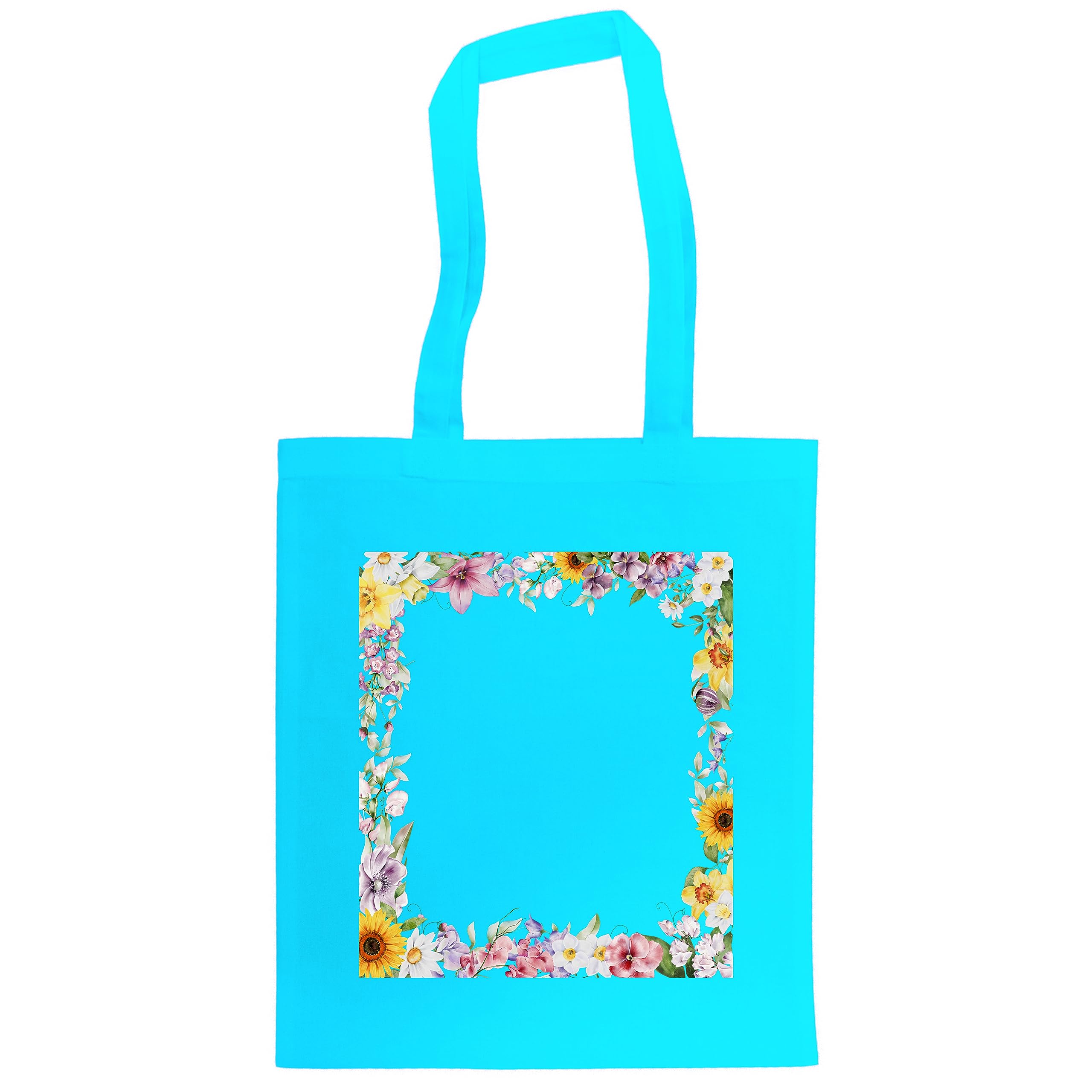 Personalised Watercolour Floral Border Any Text Tote Bag. Shopping Bag. Custom Printed. 10 BAG COLOURS. 13 Text Colours 100% Cotton. Any Name (Surf Blue)