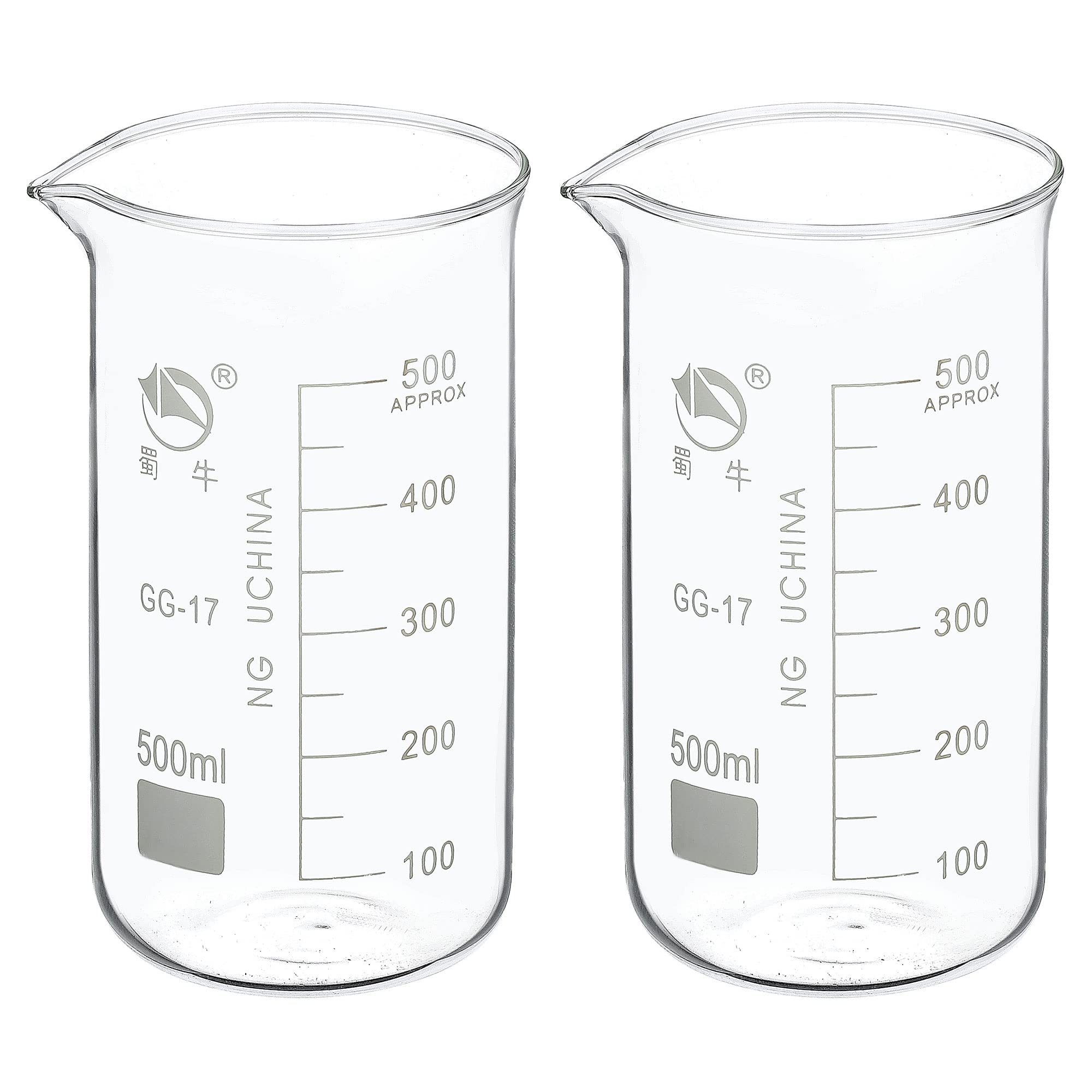 PATIKIL 500ml Alto Forma Vidrio Cubilete, 2 Paquete 3.3 Borosilicato Vidrio Graduado Impreso Escala Medición Tazas con Caño para Cocina Laboratorio Líquidos