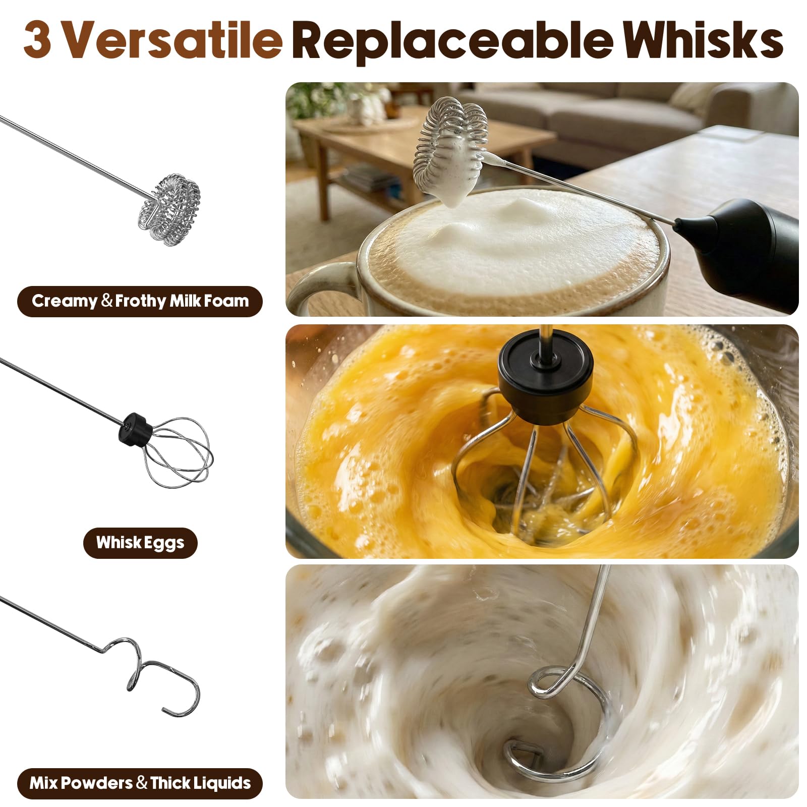 Espumador de leche recargable de mano con 3 velocidades, 3 batidores desmontables con soporte, varita mezcladora eléctrica de bebidas de café para capuchino, latte, matcha, chocolate caliente, huevos