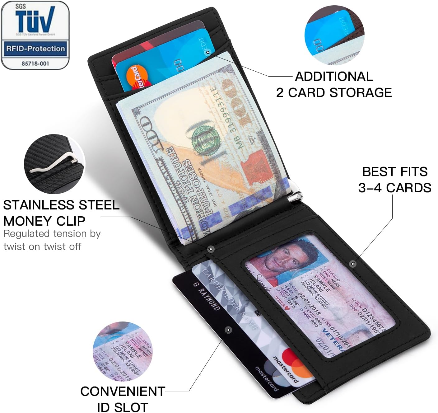 RUNBOX Slim Money Clip Wallets for Men RFID Blocking 8 Card Holder Minimalist Small Thin Carbon Leather Bifold Mens Front Pocket Wallet Gift Box(Charcoal Black) - Image 3