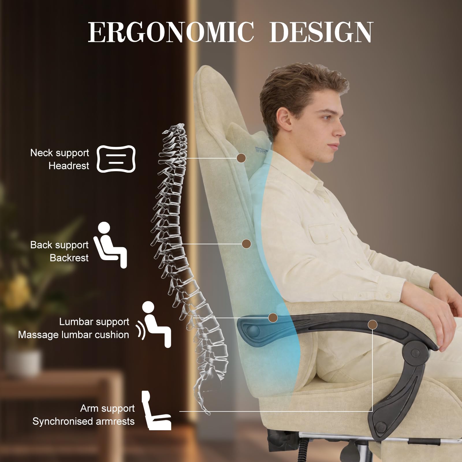 Verdego Silla Gaming con Masaje Lumbar y Reposapiés, Silla Gamer Ergonómica, Tela de Terciopelo, Reclinable 90-125°, Altura Ajustable 10cm, Giratoria 360°, Cadeira Gaming Oficina y Juegos (Beige)