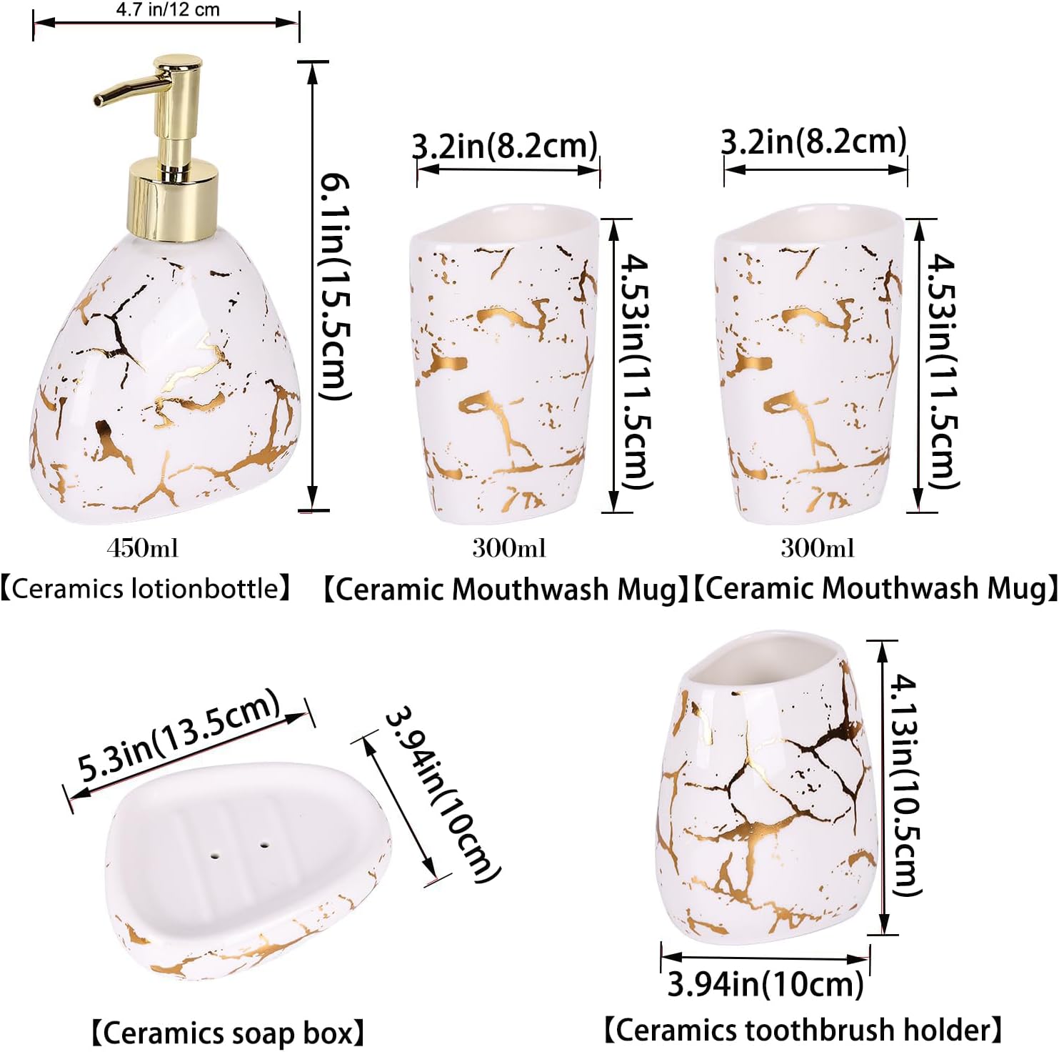 6-Piece Ceramic Bbathroom Accessory Set with Soap Lotion Dispenser, Mouthwash Cup, Soap Dish, Bathroom Tray, and Toothbrush Holder (White)