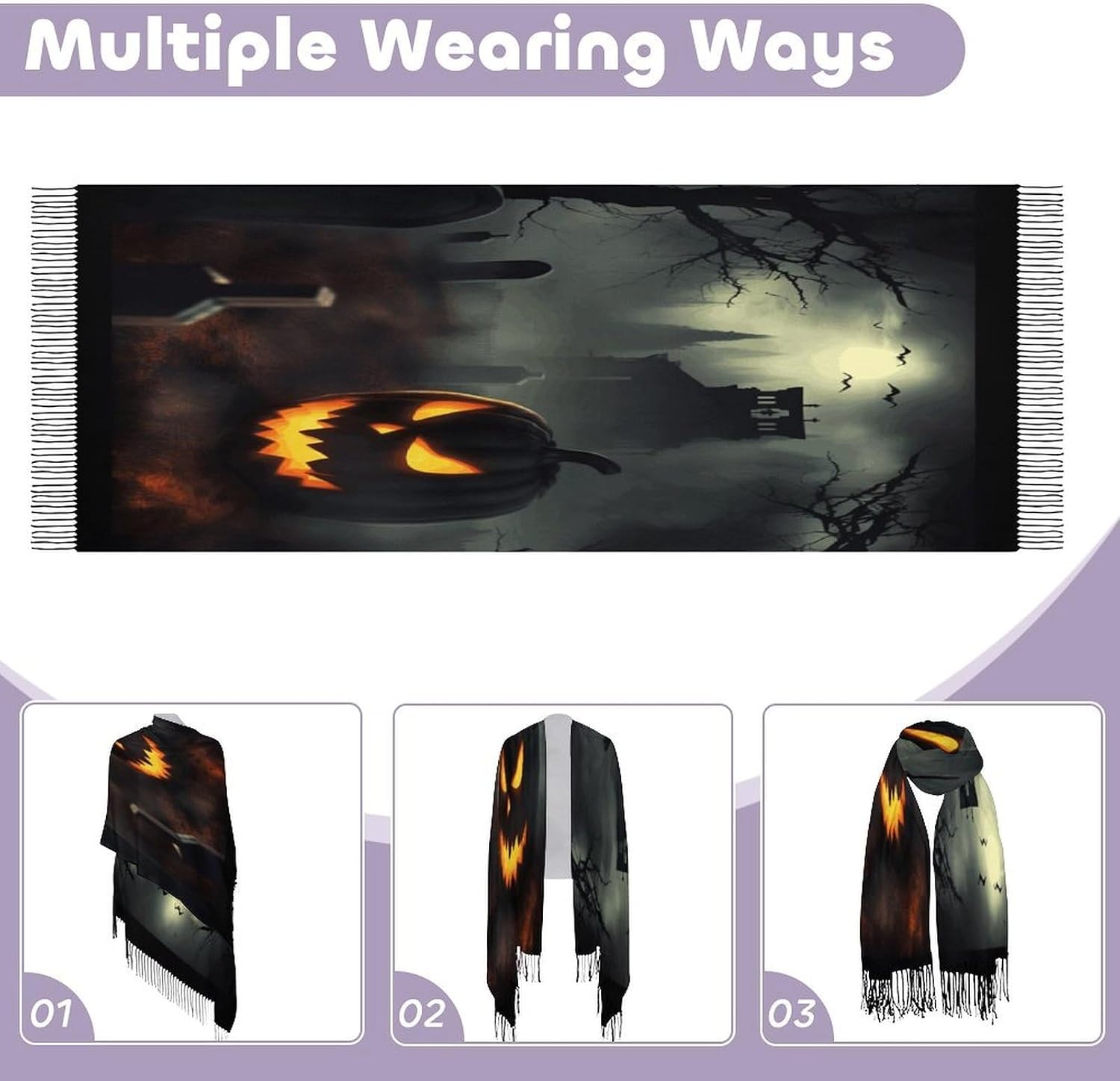 Halloween Horror Scarf for Women Men Soft Warm Fashion Blanket Scarves Classic Cashmere Feel Scarf Long Shawl Large Scarves Cold Weather Thick Blanket Scarfs