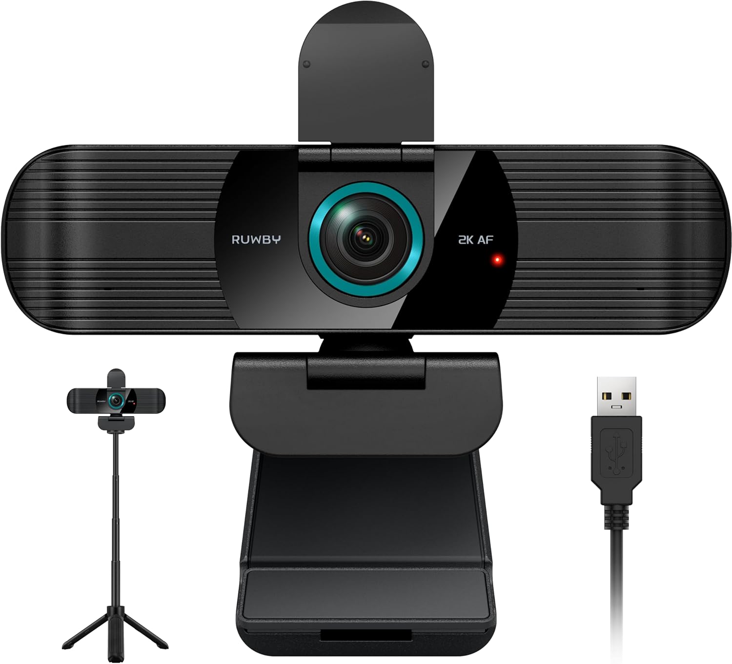 RUWBY QHD 2K Webcam with Built-in Dual Mics, Wide-Angle Lens, Privacy Cover, Tripod Stand, Autofocus Computer Camera, Plug and Play for Desktop PC or Laptop