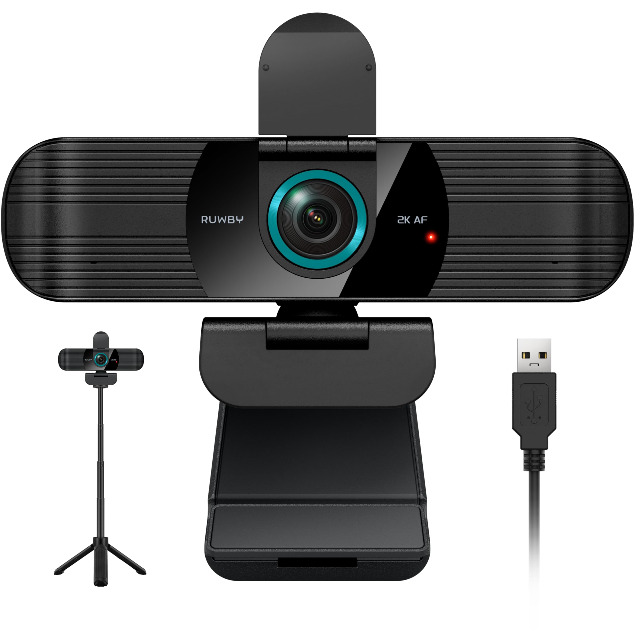 RUWBY Pro QHD 2K Webcam at 60fps with Dual Microphones, External USB Camera for PC/Laptop, Tabletop Tripod Included