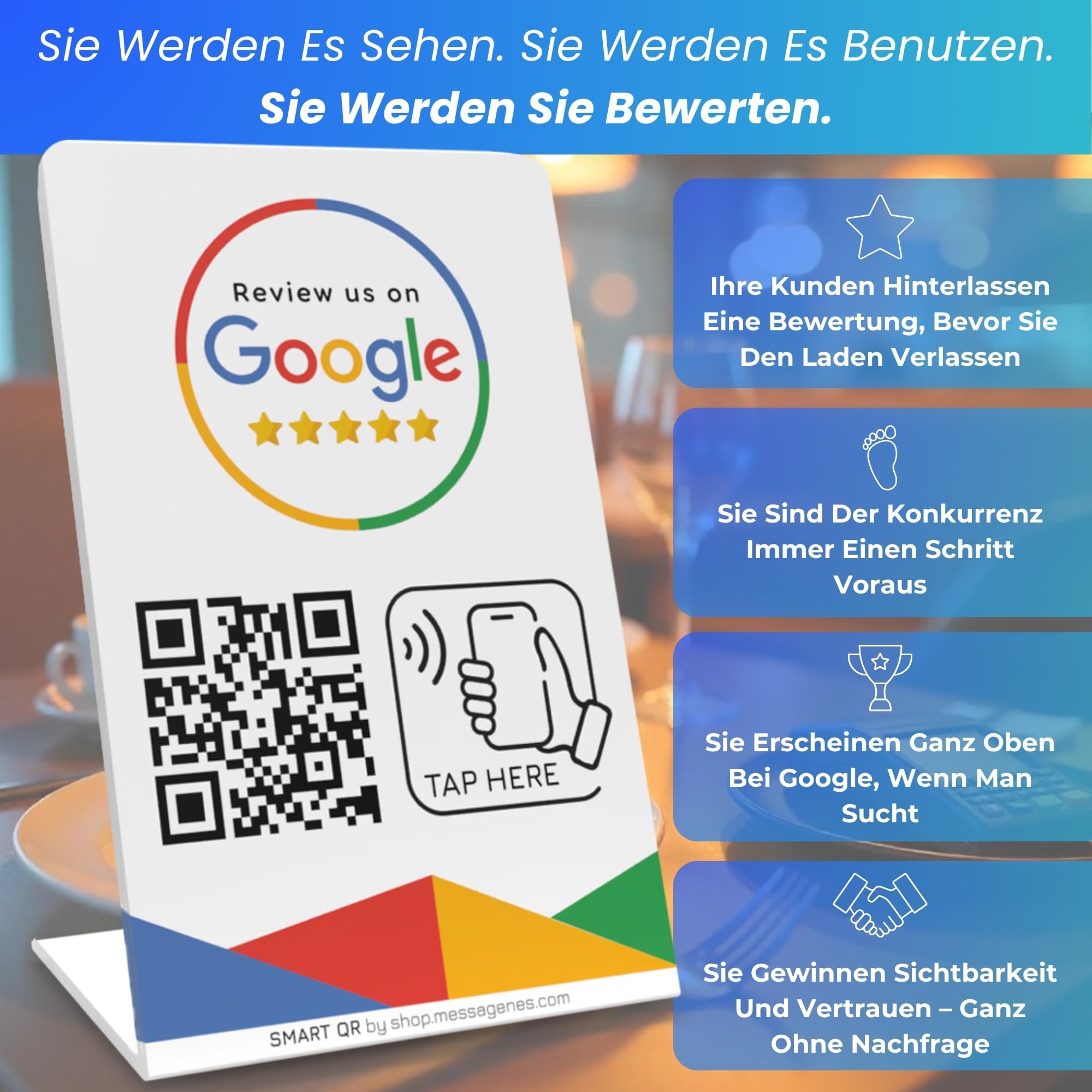 MESSAGENES Review Tap Stand - 5 Ständer NFC + QR für Google Reviews - Kompatibel mit iPhone & Android - Steigern Sie Google Sichtbarkeit & Ranking - Pack für Unternehmen, Restaurants & Ketten