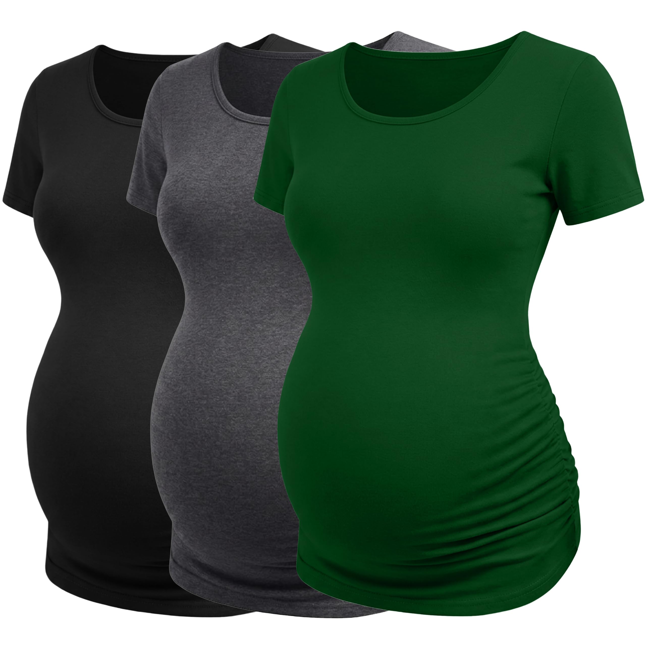 Lot de 3 t-shirts de maternité à manches courtes, couleur unie, vêtements de grossesse, Noir + gris foncé + variole vert foncé, S