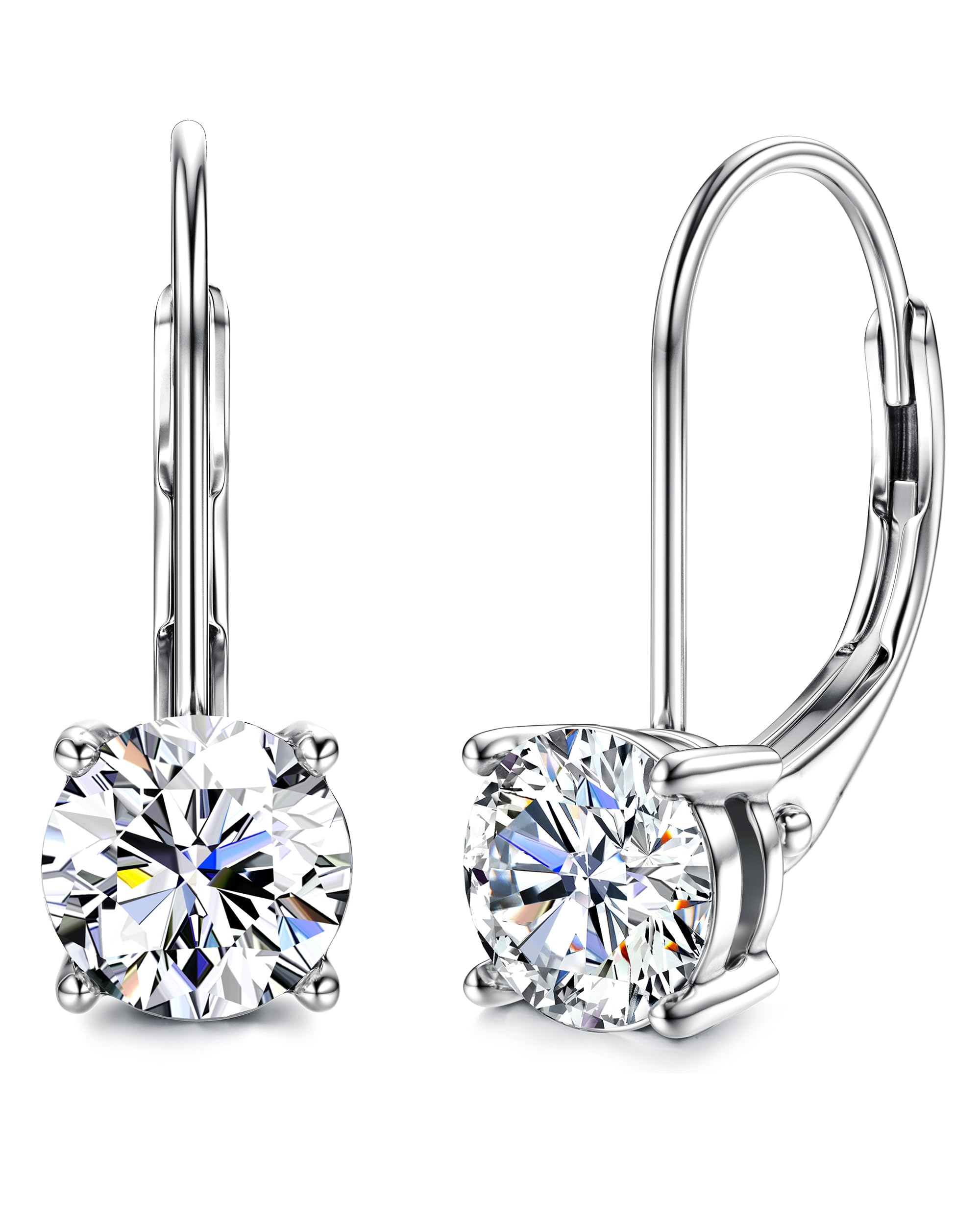 Moissanite Earrings,1.0ct-2.0ct D Color Brilliant Round Cut Earring 18K White Gold Plated Sterling Silver Dangle Earrings Moissanite Leverback Drop Earring s