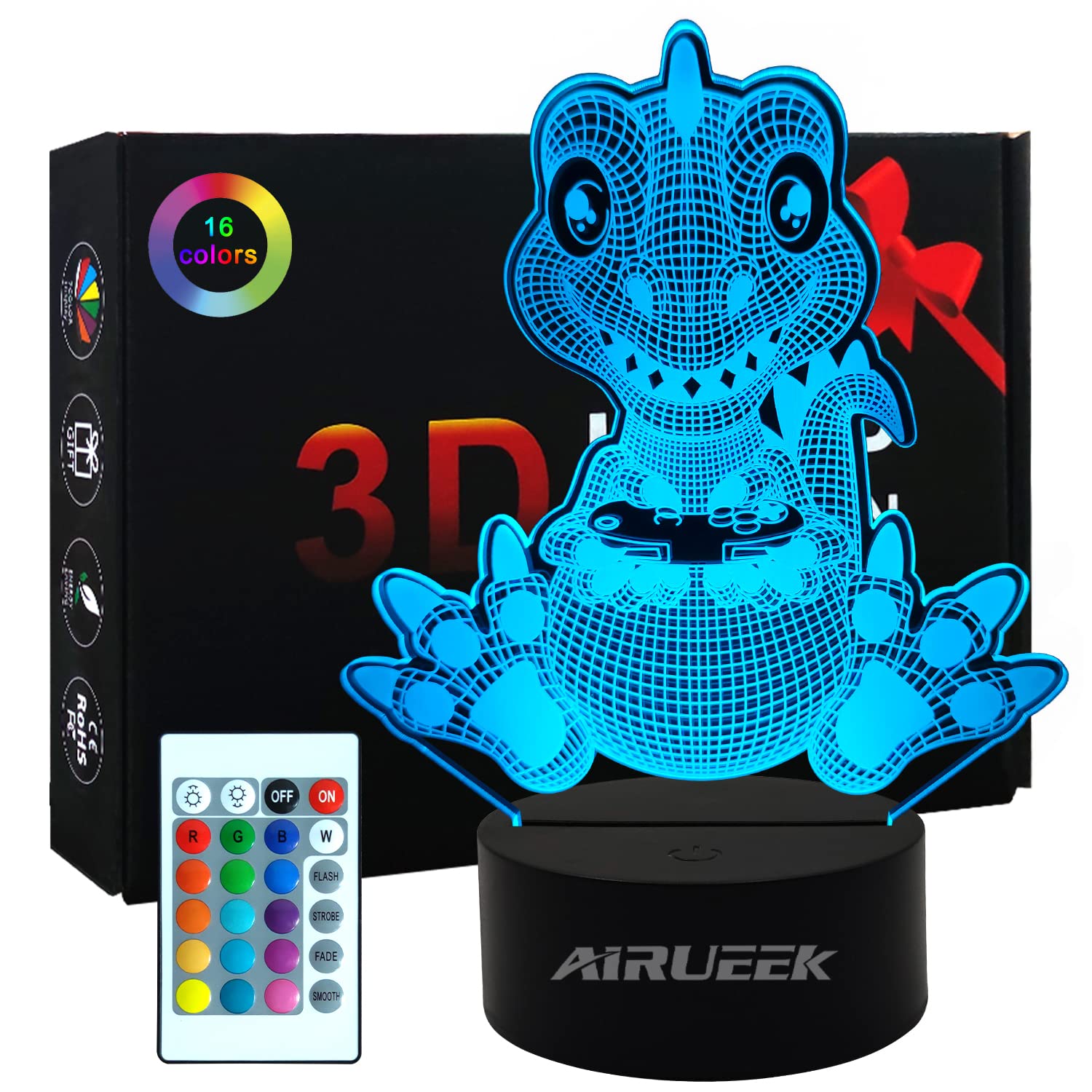 AIRUEEK Lampada Dinosauro 3d Luce Notte Bambini Dinosauri Giocattoli con 16 Cambiamenti di Colore Telecomando, Lampada Scrivania Dinosauro Giocattoli, Regalo Dinosauro Per Ragazzi Ragazze