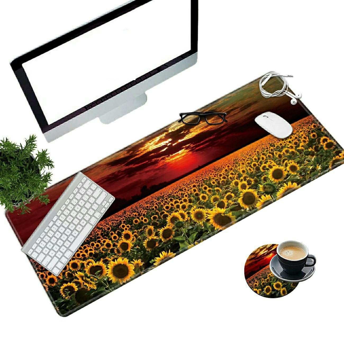 Desk Pad Mat Large Mouse Pad XL Extended Mousepad Gaming with Sunflower Field Sunset 31.5" *11.8" Huge Mouse Pads for Computer Laptop Home Office + Cup Coaster and Cute Stickers