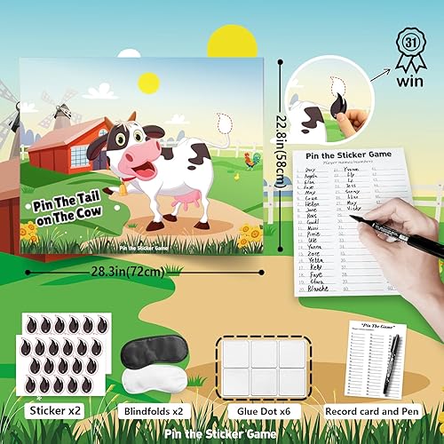 Miniatura 2 de Pin The Tail on the Cow - Juego de fiesta de cumpleaños, suministros de fiesta de cumpleaños de granja, juegos de fiesta de cumpleaños para niños
