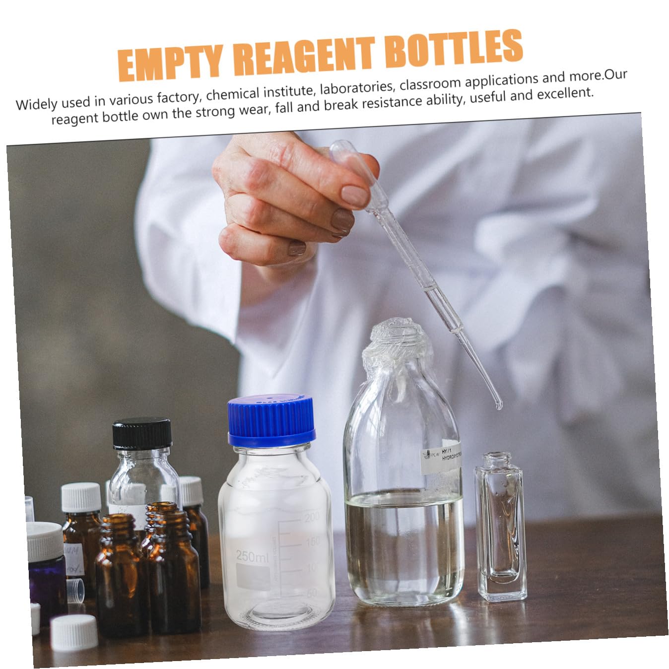 MAGICLULU Set 4 Bottiglie di Vetro Graduato da 250ml con Tappo a Vite Blu, Resistenti Agli Urti e Lavabili, per Laboratorio e Conservazione Reagenti in Ambienti Chimici