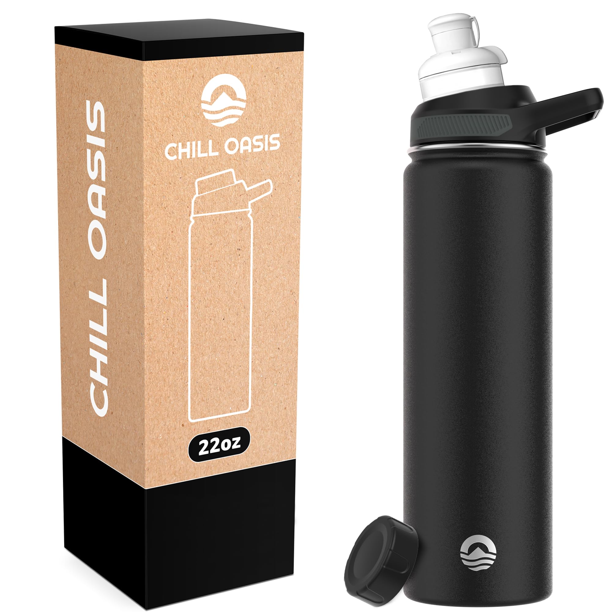 Chill OasisWater Bottle | Compatible With Popular Flavor Cartridges | BPA Free, Leak Proof, Double-Walled Vacuum Insulated Stainless Steel, and Dishwasher Safe | Cold for 24 Hours (Black, 22oz)