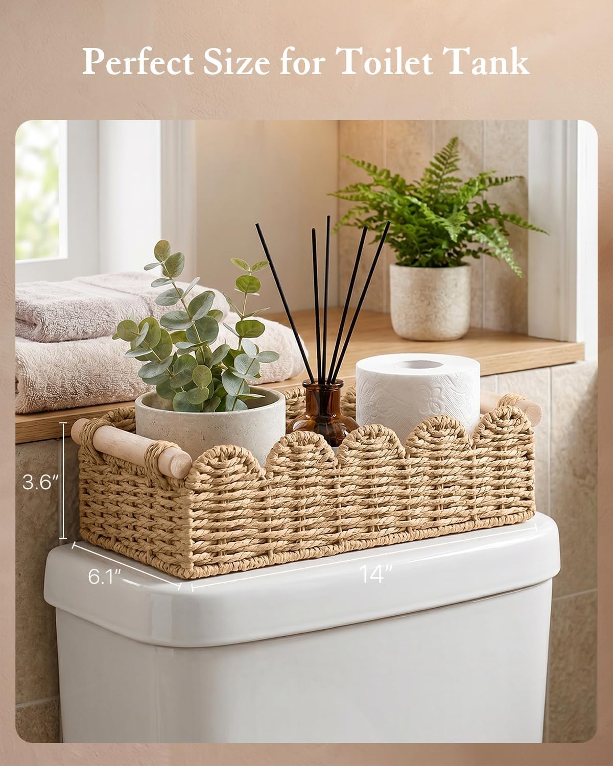 Toilet Paper Storage Basket for Toilet Tank, Bathroom Organizer | Scalloped Decorative Basket for Bathroom Home Decor, Woven Basket for Shelves, Living Room, Countertop, Paper Rope, Beige