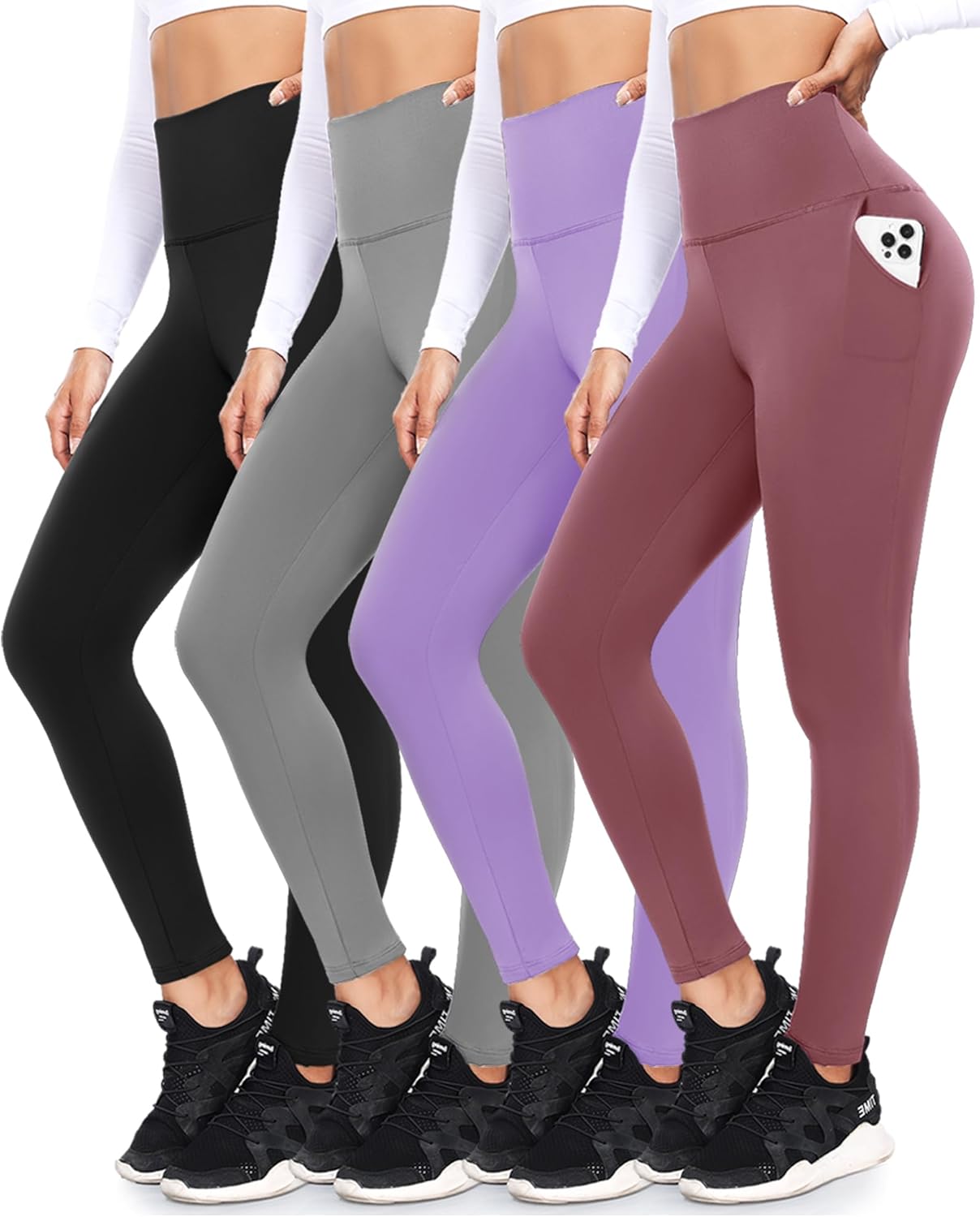 FULLSOFT 4 Pack Leggings with Pockets for Women,Soft High Waisted Tummy Control Workout Yoga Pants