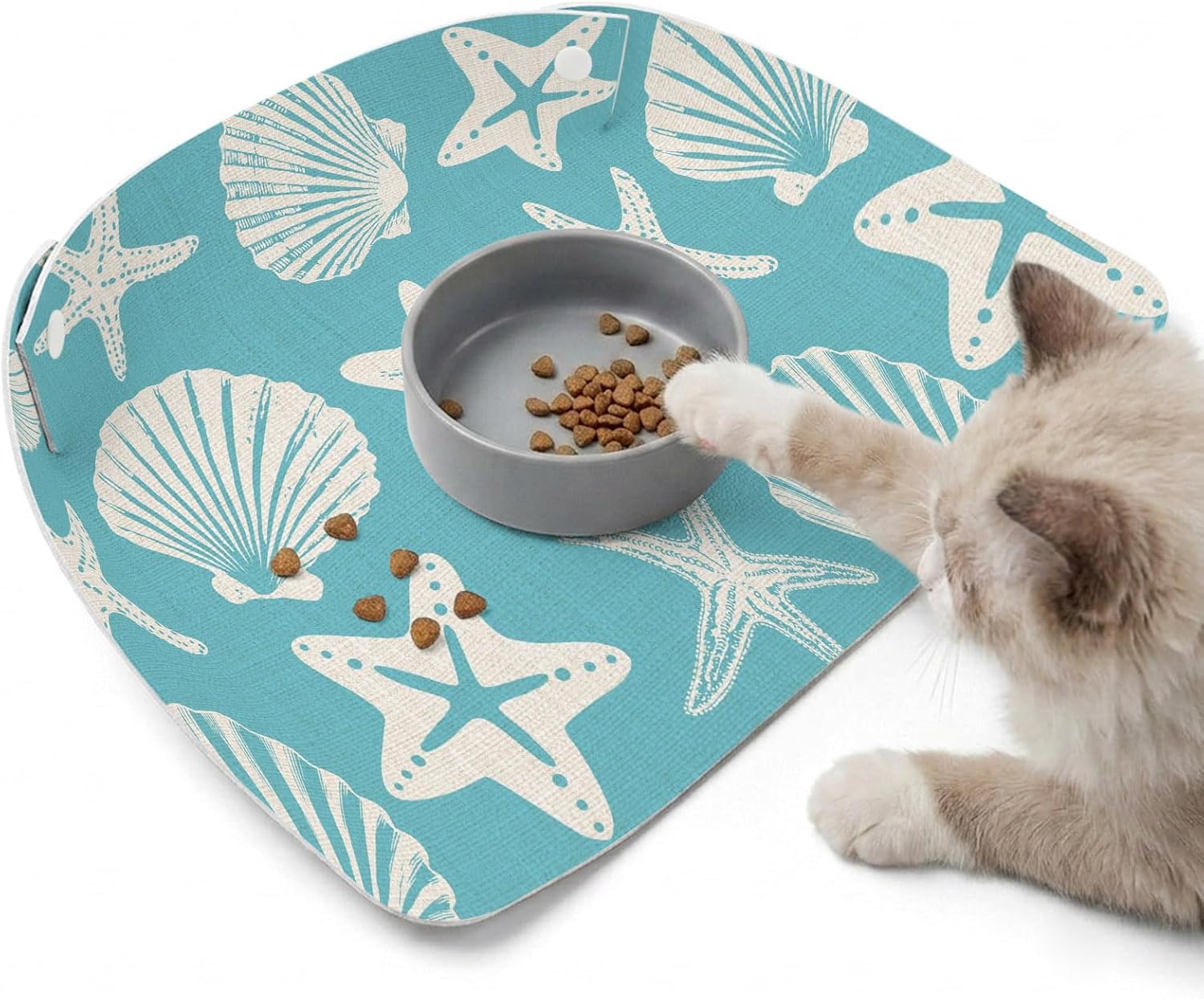 Coastal Sea Shells Pet 100% Waterproof Feeding Mat with Raised Edges, Modern Nautical Ocean Life Dark Teal Cat Small Dog Foldable Food Mat with Easy Clean Leather for Home Travel 17.7x11.8in