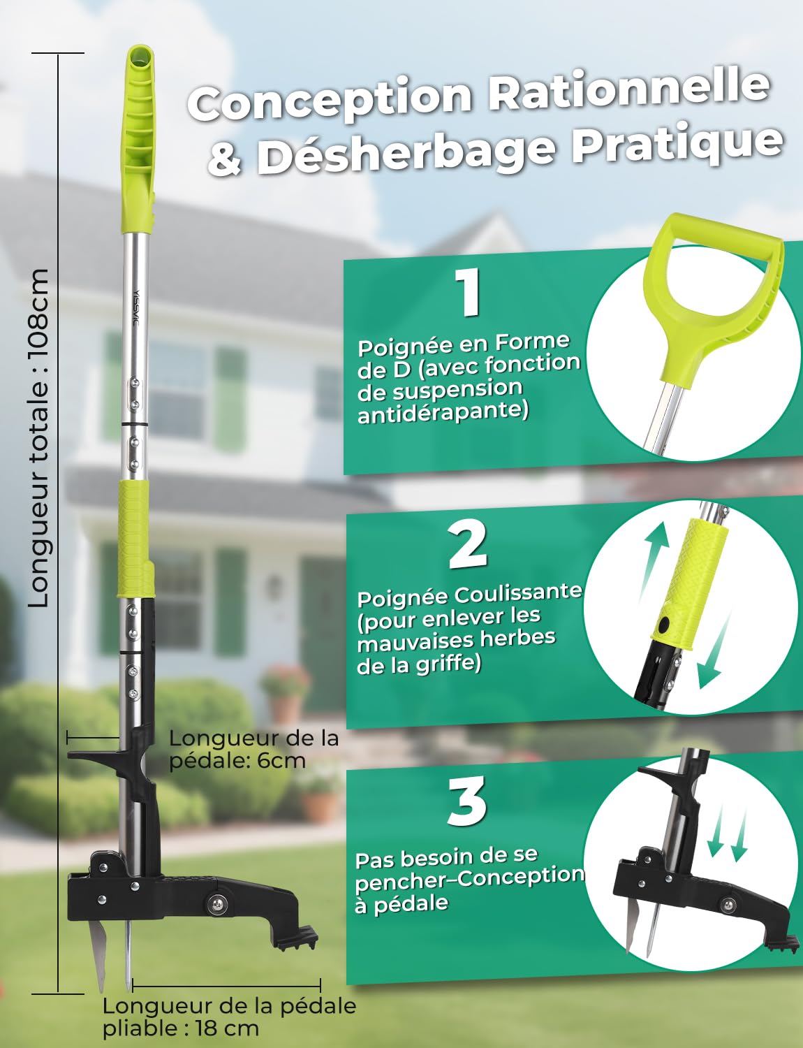 YISSVIC Desherbeur Manuel 108cm en Acier Inoxydable à 4 Griffes avec Pédale Arrache-Racines Télescopique Arrache Pissenlit Poignée Antidérapante Réglable en Forme de D pour Outils Jardinage