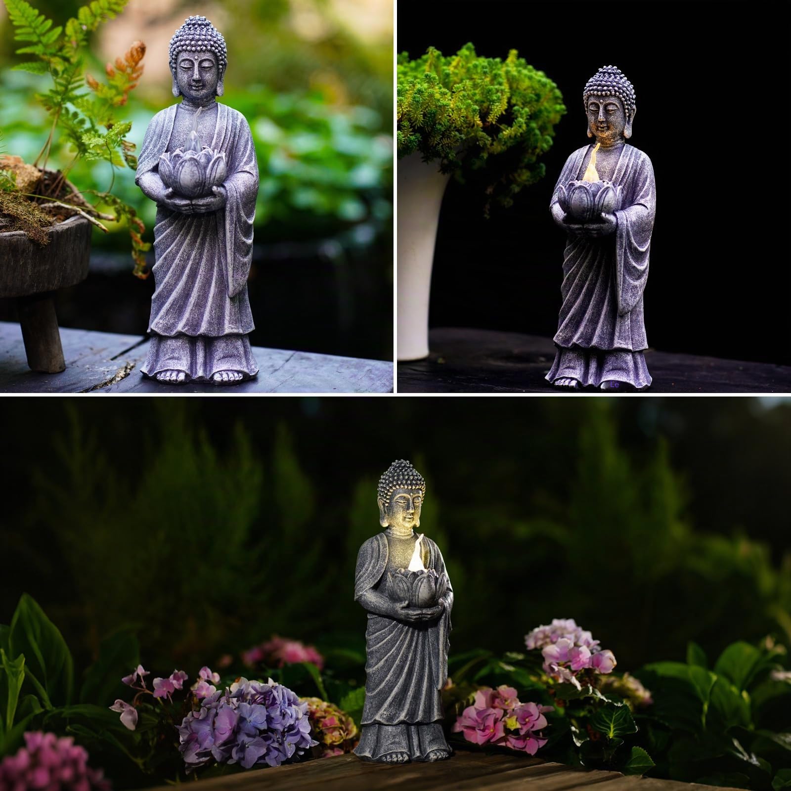 Yeomoo Figurine de Bouddha solaire avec socle de loto, lumière LED, décorative, 28 cm, figurine zen résistante aux intempéries, pour jardin, terrasse et salon – Cadeau pour femmes, maman et hommes