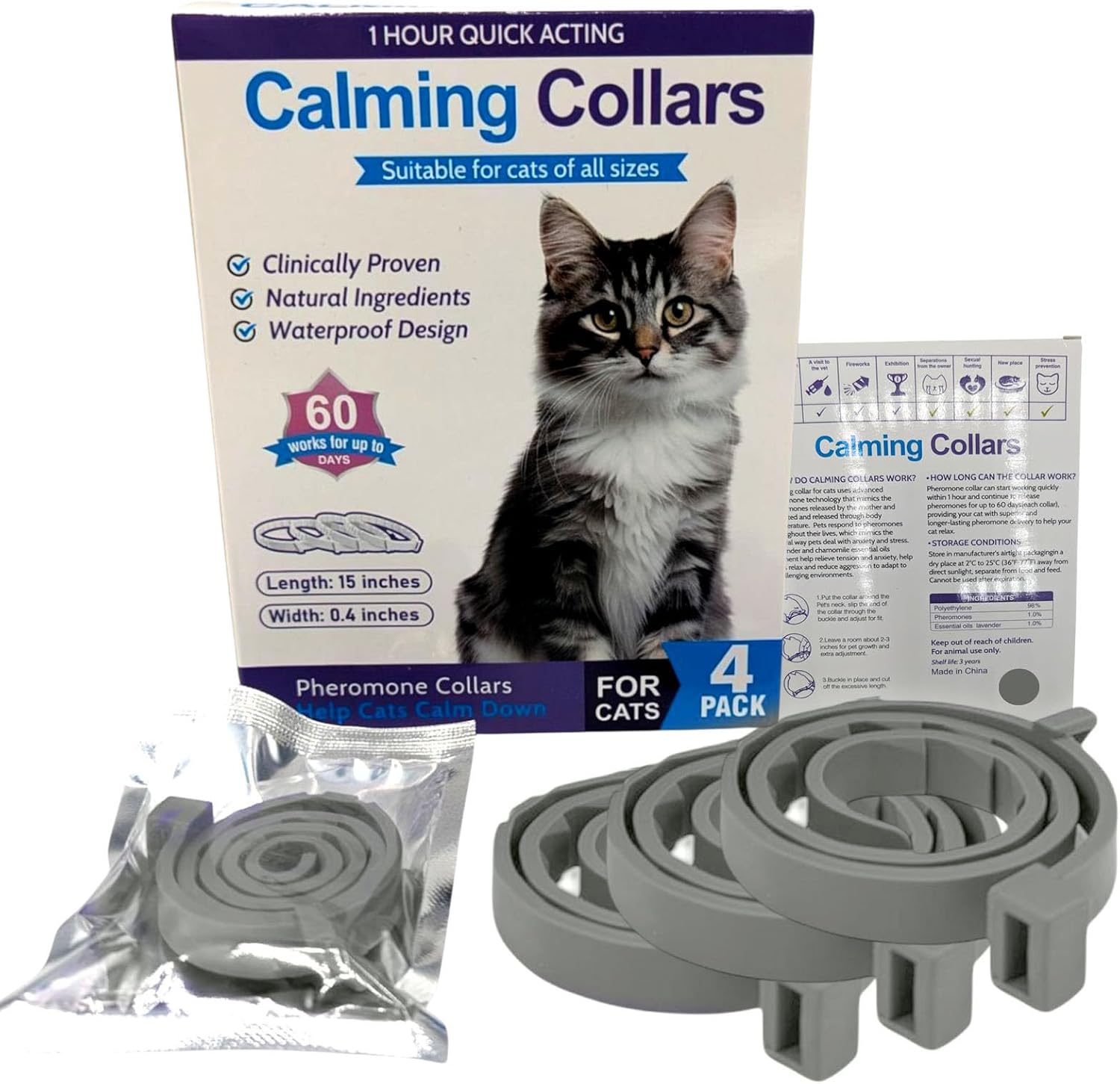 4 Pack Cat Calming Collar, Pheromone-Infused Behaviour Support – Clinically Proven Anti-Stress & Anxiety Relief for Cats – Waterproof, Adjustable, Lasting Comfort (Grey)