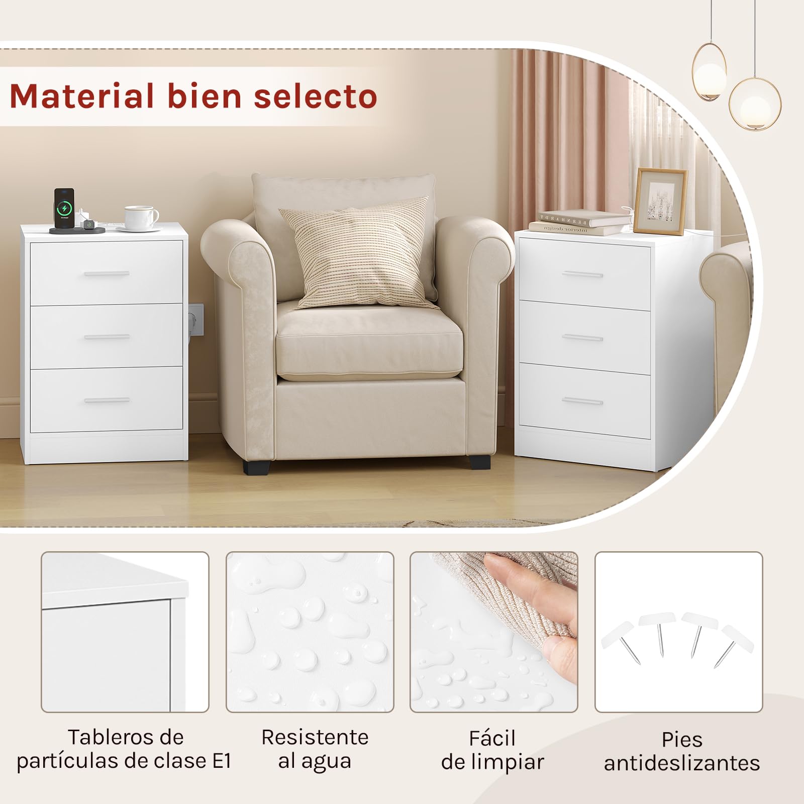 WOLTU Mesitas de Noche, Mesas de Centro con Enchufes, Mesitas de 3 Cajones, Mesillas de Noche para Dormitorio, Salón y Estudio, Blanca, MDF, 39x28,5x54,5 cm