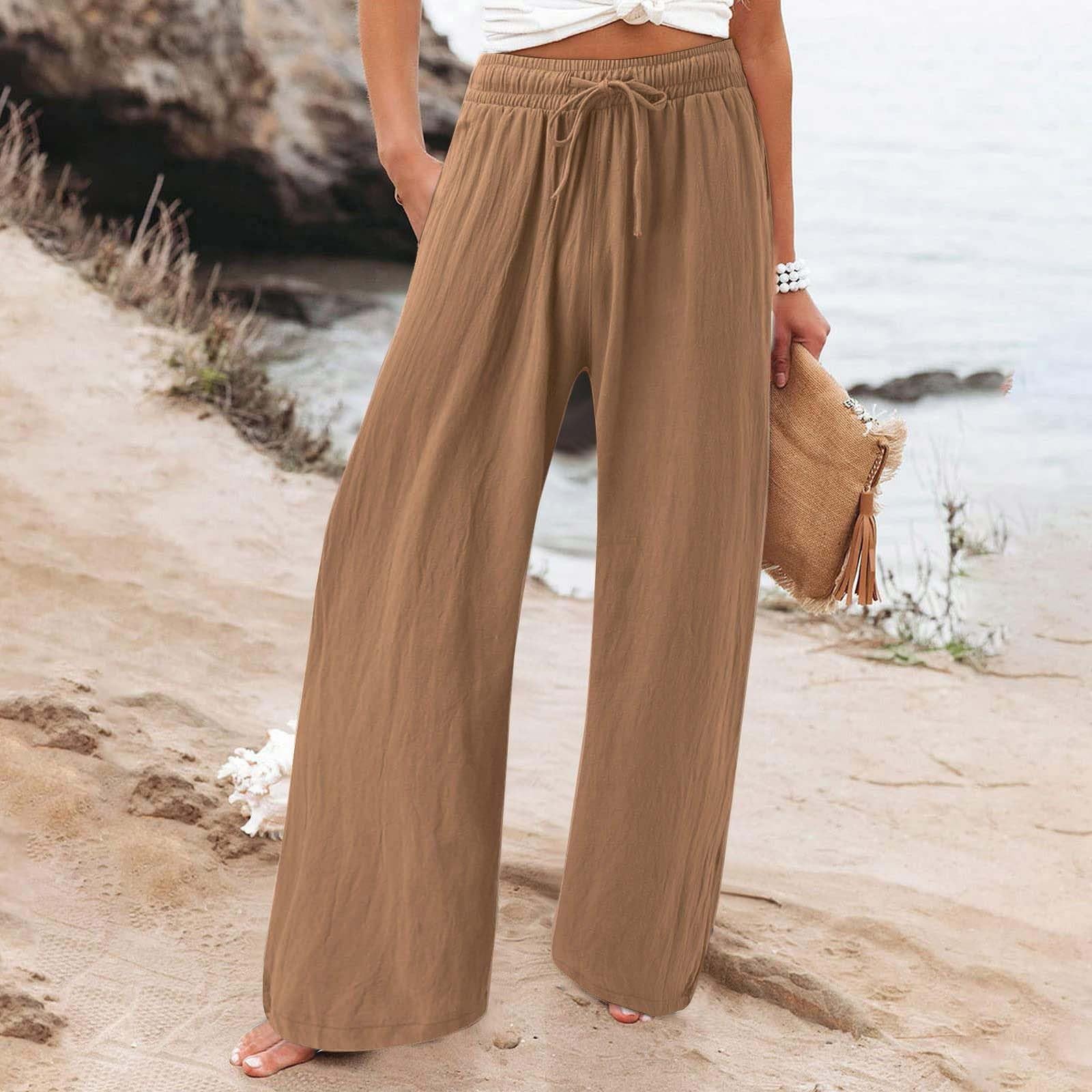 Leinenhose Damen KurzgrößE Leichte Hosen Damen Sommer Lang Leinenhose Damen Weite Leg Elegant Freizeithose Palazzo Hose Lockere Stoffhose Mit Tunnelzug Und Taschen Für Outdoor
