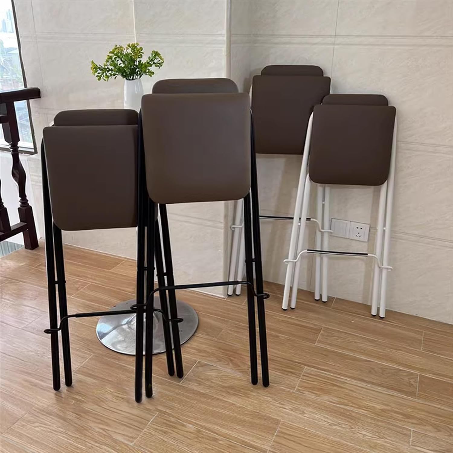 Home Folding Stool with Backrest, PU Padded High Chair, Height Foldable Portable Tall Stools for Outdoor Kitchen Shop Cafe (Color : Brown 2, Size Seat (Brown 2 Seat Height 75 cm
