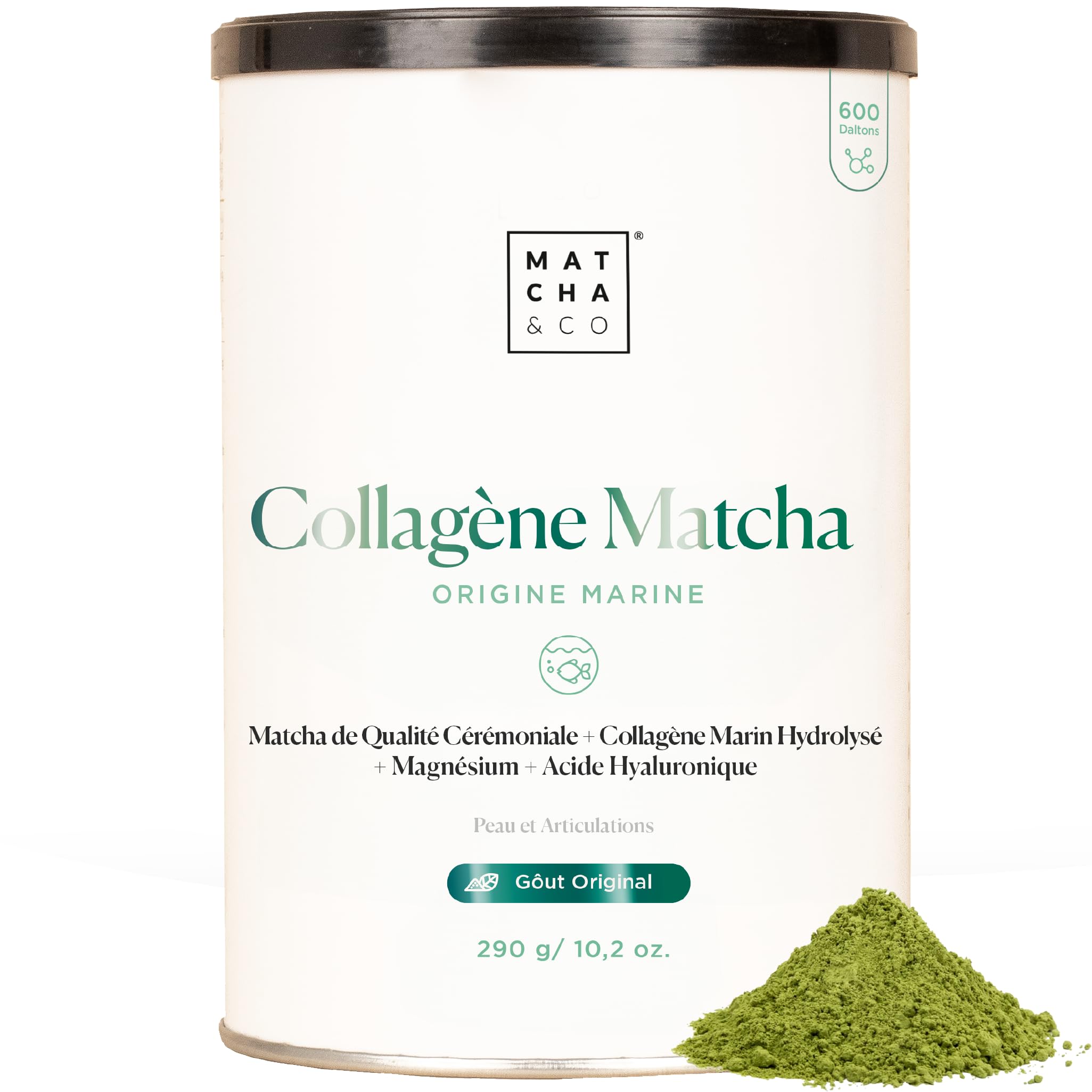 Matcha Collagène Marin en Poudre avec Magnésium et Acide Hyaluronique – Saveur Matcha Citron – Pour Articulations, Peau et Ongles – 296 g