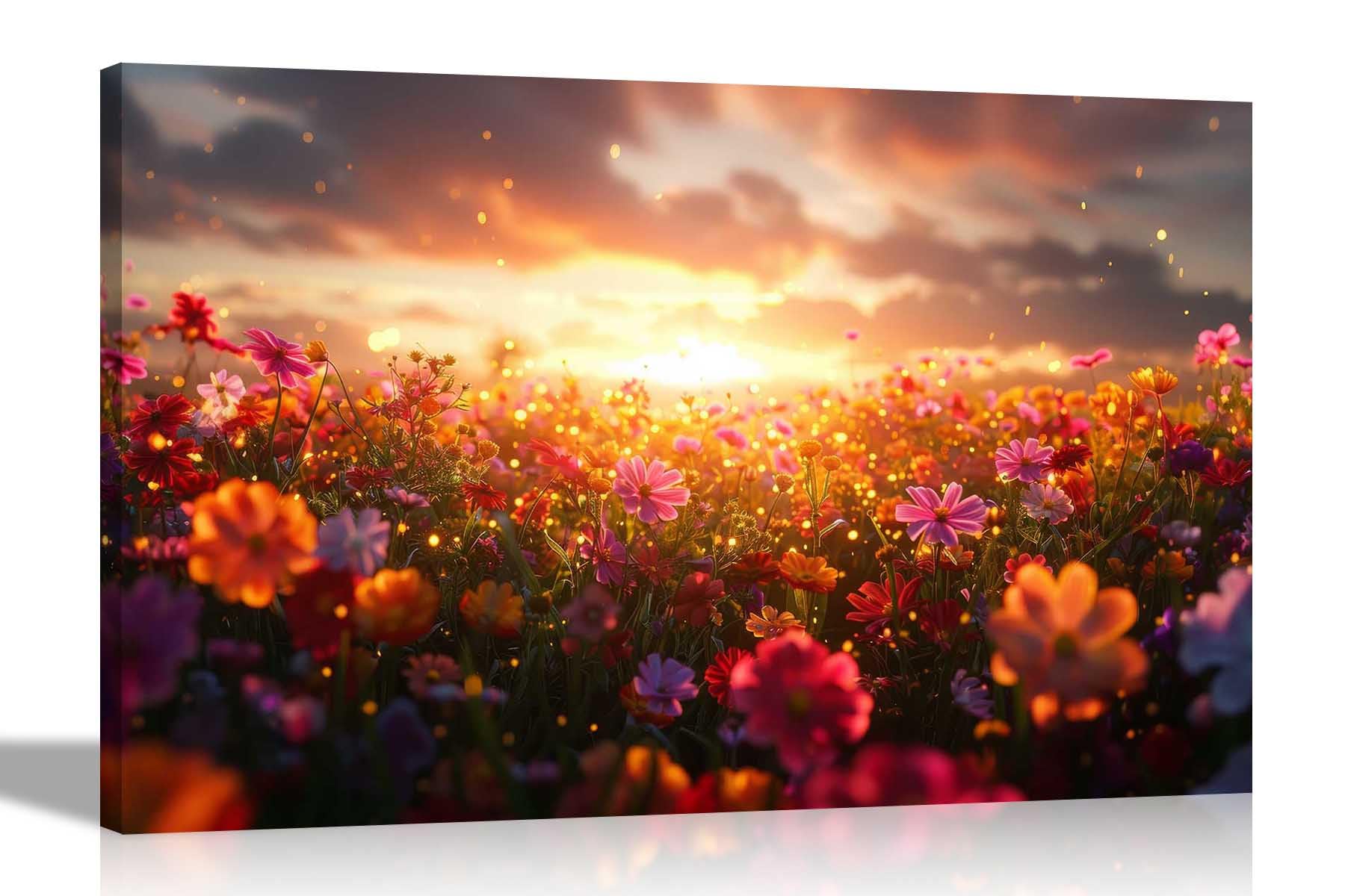 Artley Prints - Blossoming Summer Flowers at Sunrise Framed Canvas Pictures For Bedroom Hallway Living Room Prints Wall Decor 60 x 40cm (24 x 16 inches) A2