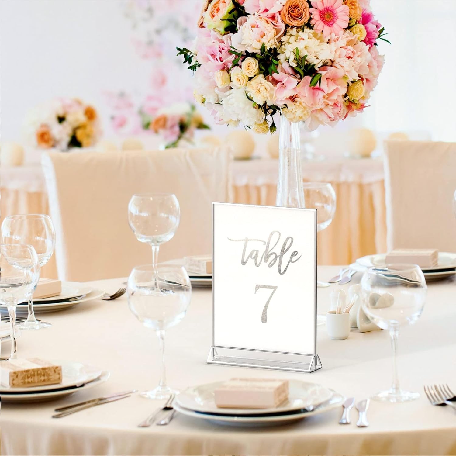 NIUBEE 6-Pack 5x7 Clear Acrylic Sign Holder with Silver Borders and Vertical Stand, Double Sided Table Menu Holders Picture Frames for Wedding Table Numbers, Restaurant Signs, Photos and Art Display